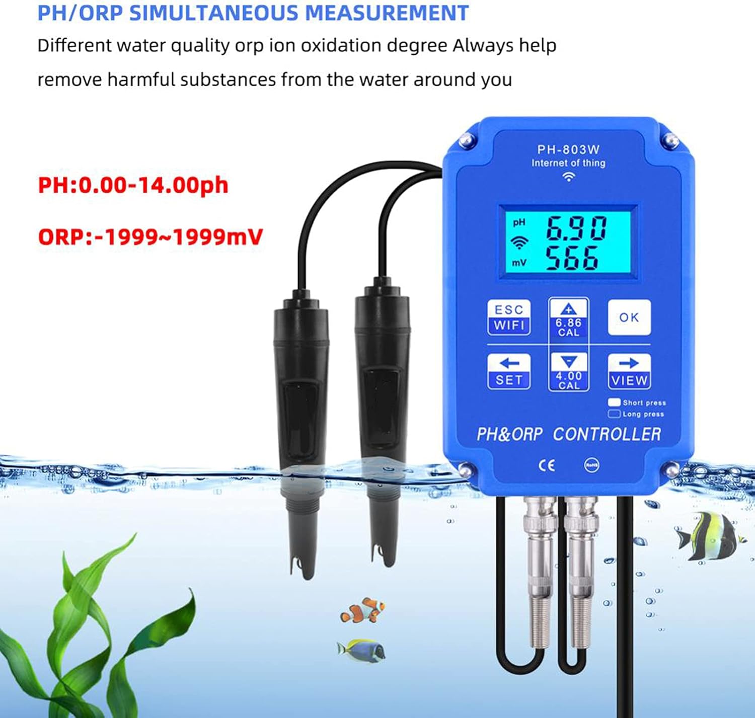 Digital Aquarium Wif Ph Tester ORP Redox Meter WiFi Output Relay Ph Orp Monitor for Water Quality