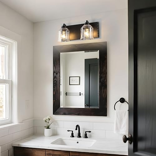 Miniatura 7 de BD005-2-MB - Lámpara de tocador de baño de granja grande de 15.8 pulgadas, luz negra con pantallas de vidrio de burbujas, 2 luces rústicas de pared