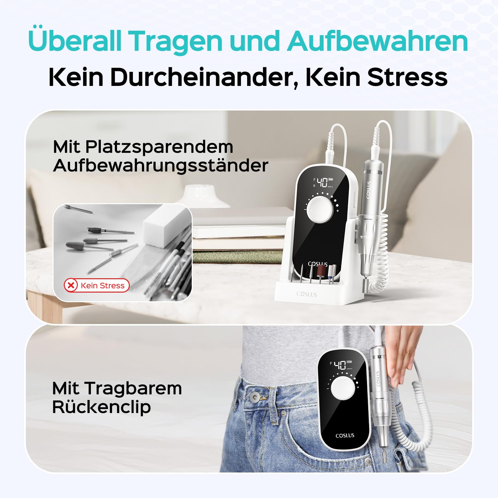 COSLUS E51 Elektrische Nagelfräser 40000 U/min: 6-in-1 Professionell Nagelpflege Set für Gelnägel Acrylnägel für Salon und Zuhause Mit Gel-Entfernung und Pediküre-Funktion Tragbar und Geräuscharm