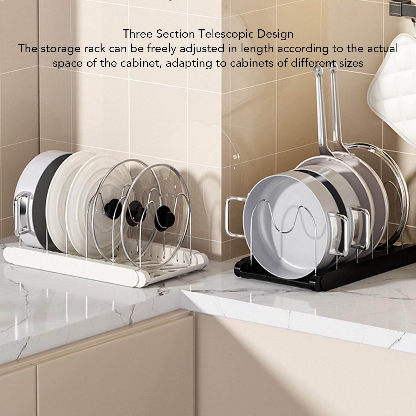 Cffuvros Expandable Pot Lid Organizer, Adjustable Cookware Rack for Cabinet, Pots Pans Storage Solution with Space Saving Design, Kitchen Cabinet Organizer for Lids, Cutting Boards (White)