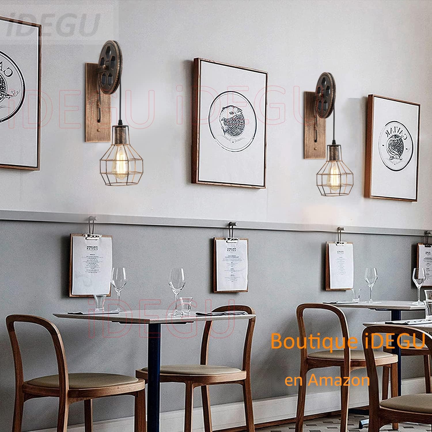 iDEGU Lámparas Industriales Apliques de Pared Estilo de Polea - Luz de Pared para Dormitorio, Sala de Estar, Restaurante, Bar (2 piezas - Bronce)