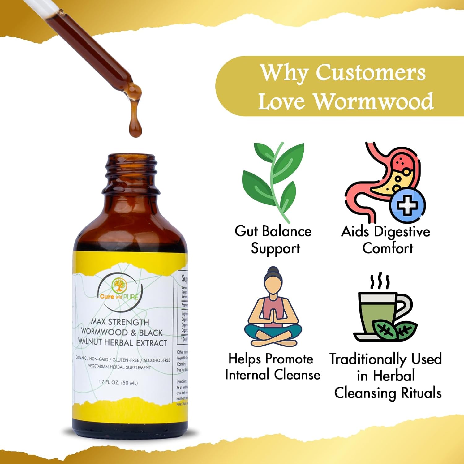 Cure wid Pure Black Walnut Wormwood Clove Extract 50ml Alcohol-Free,Non-GMO,Vegetarian Max Strength Organic Wormwood Black Walnut Clove TinctureTo Support Digestive Health - Image 4