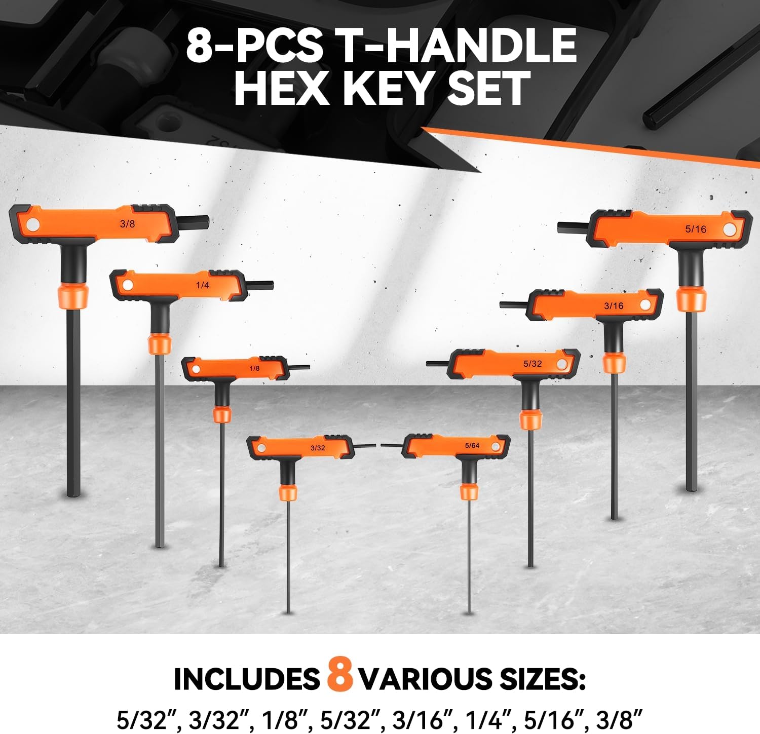 Auto Dyansty Allen Wrench Sets Metric SAE, 8PCS T Handle Allen Wrench Set with Long Short Handle, 5/64-3/8 Inch Hex Key Set for Home Repair and Auto Maintenance (Orange)