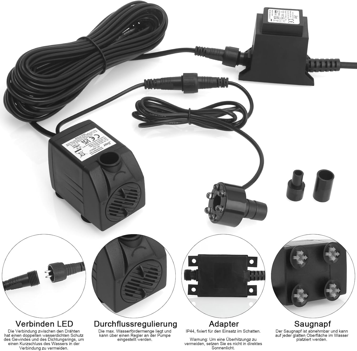 Pompe à Eau Submersible, Pompe à Fontaine 12V AC 800L/H avec Câble 10m et Lumineuse LED pour Aquarium, Bassin, Brunnen, étang, Fontaine, Jardin