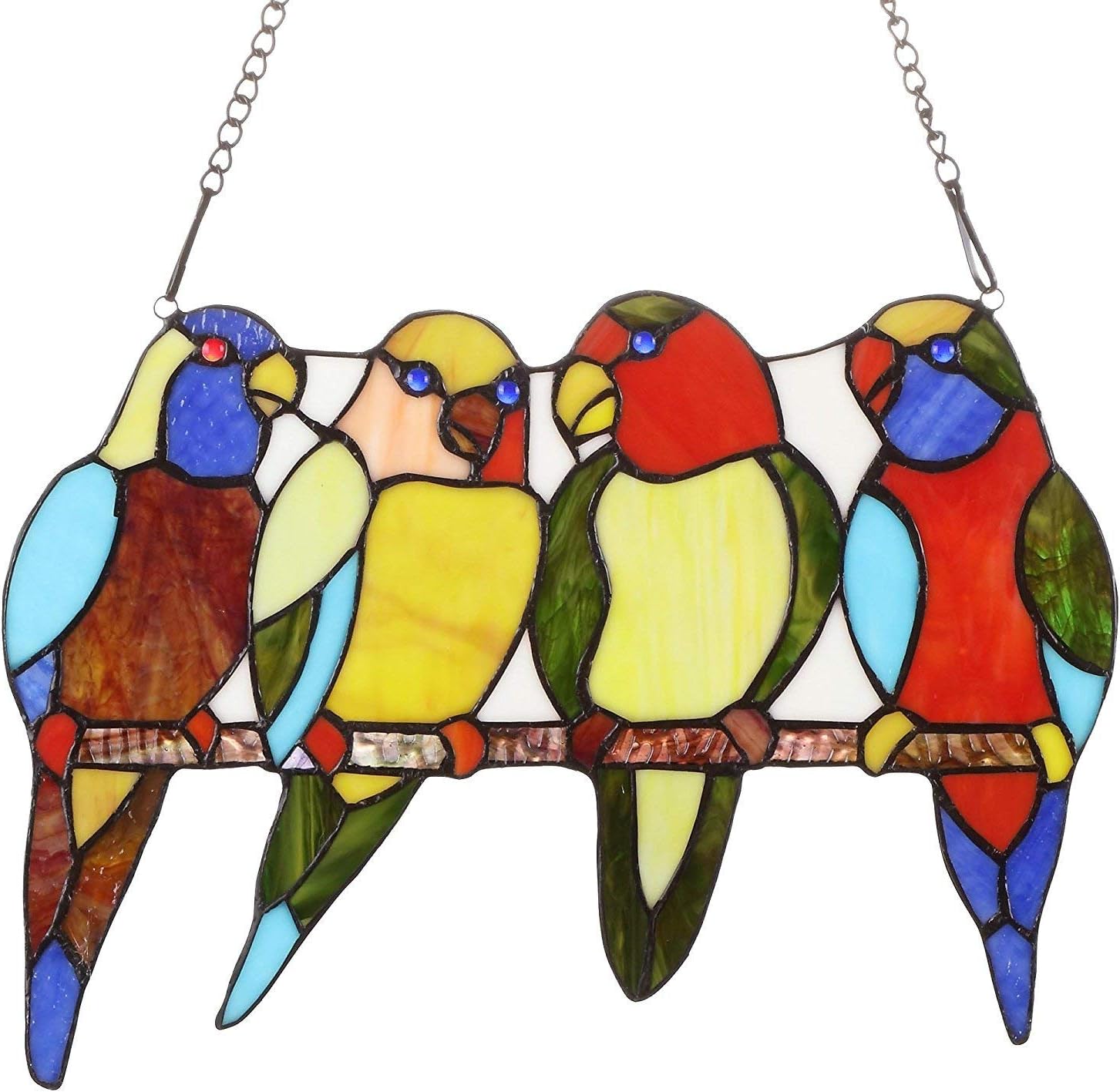 Bieye W10001 Tropical Birds Tiffany Style Stained Glass Window Panel with Chain, 14.5-inch Wide (4 Parrots)