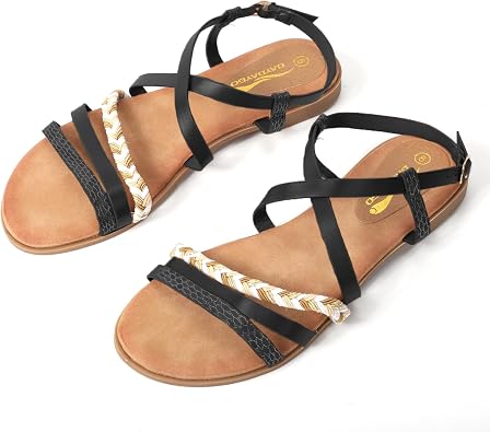 DAYDAYGO Womens Elegant Flat Sandals with Adjustable Ankle Strap and Memory Foam - Dressy and Comfortable for Summer - Fashionable and Trendy for Girls and Women - Strappy Sandal