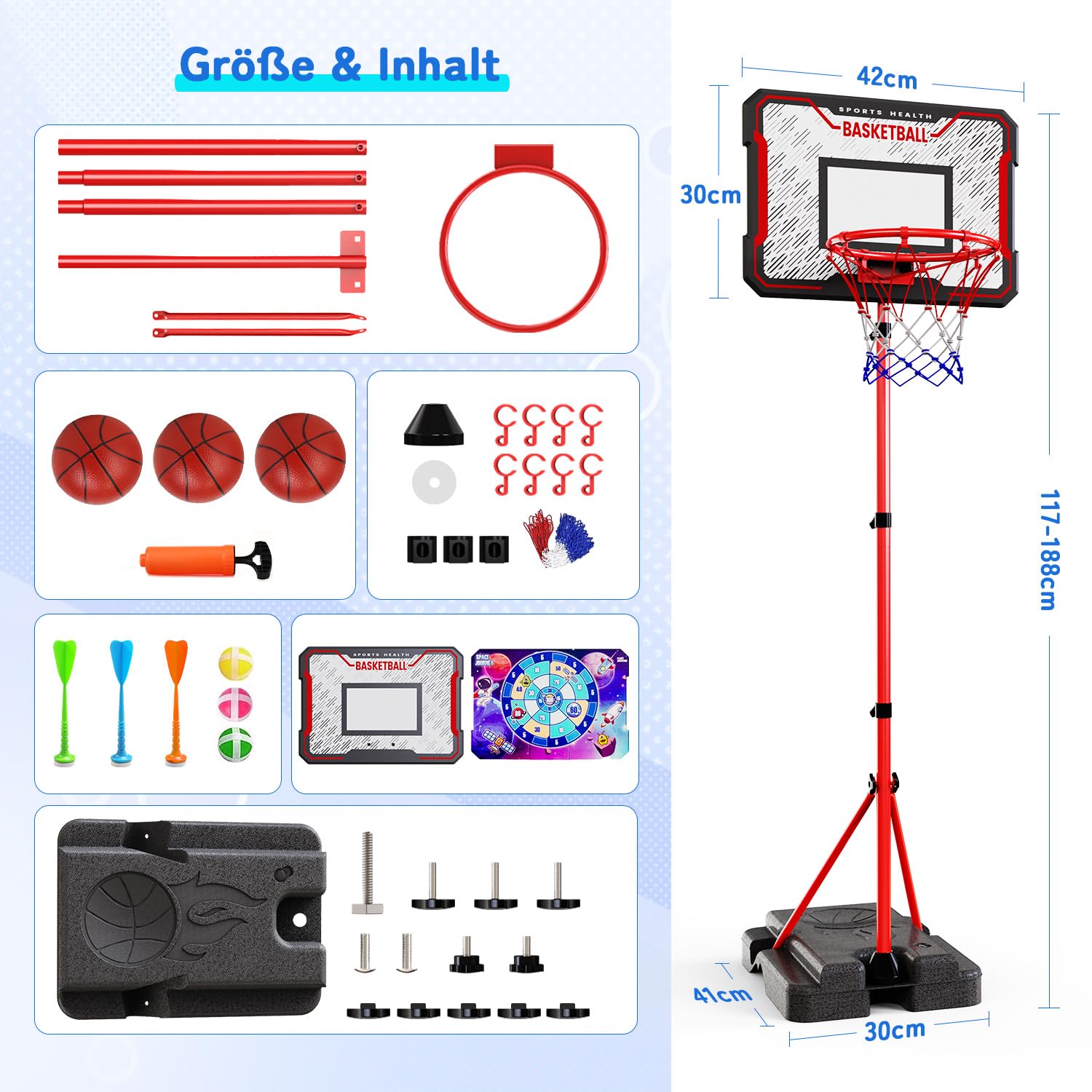 Kinder Basketballkorb mit Darts Target 2 in 1 mit Ständer hochverstellbarer 88-189 cm, Mini Basketball Outdoor Indoor und Außenbereich für Kinder im Alter von 3 bis 8 Jahren