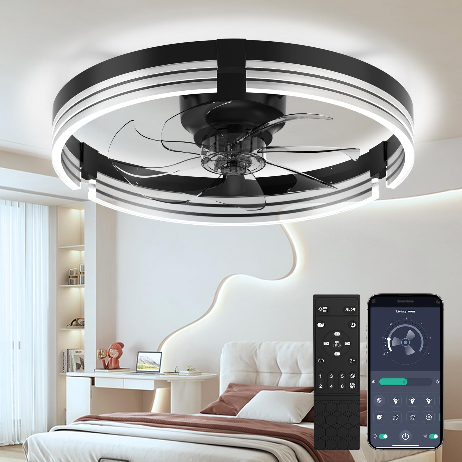 Moderner LED Deckenventilator mit Beleuchtung und Fernbedienung, 50cm, 6 Geschwindigkeiten dimmbar 3000-6500K, leise, Schwarz