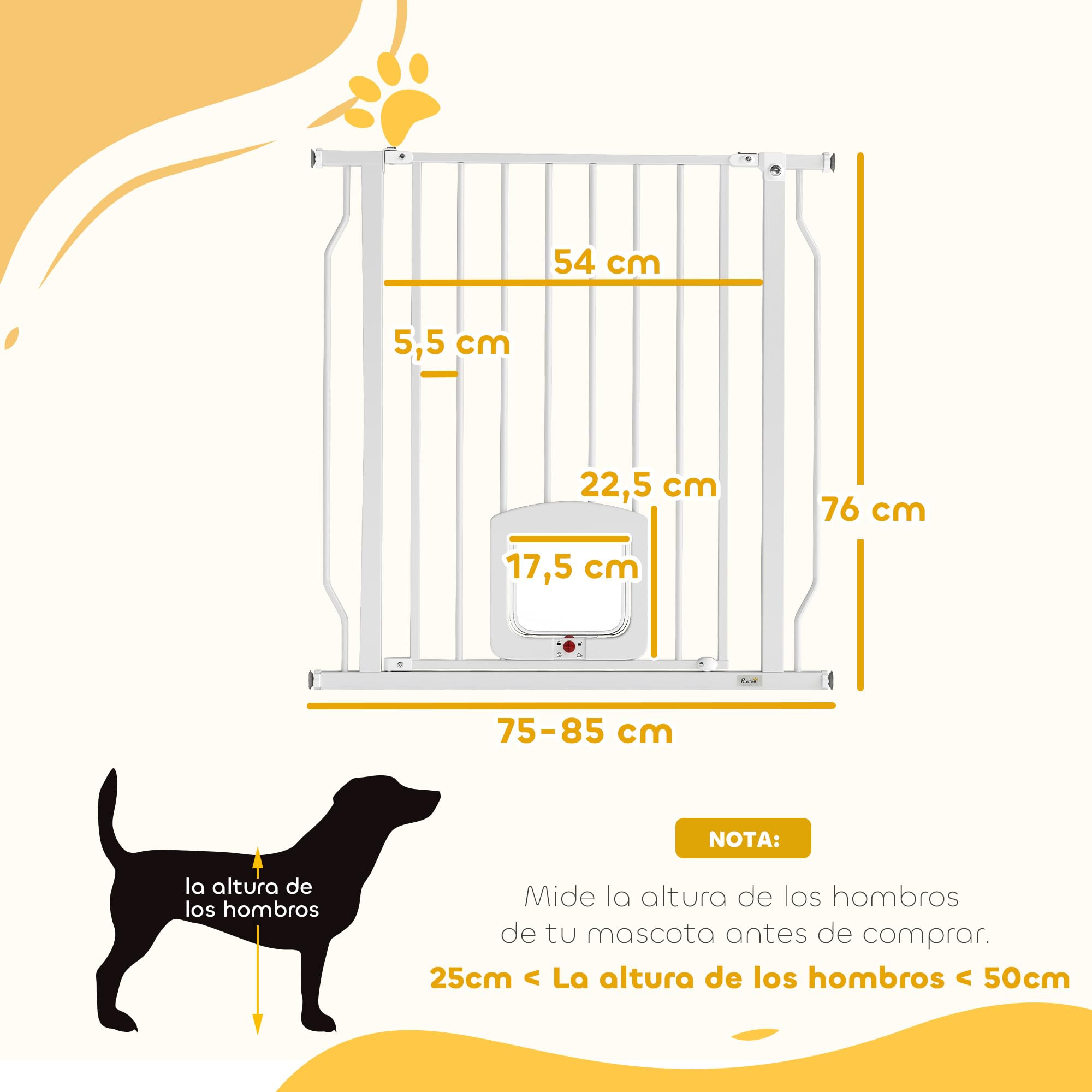 PawHut Barrera de Seguridad para Perros Extensible Puertas 75-85 cm Blanco | Para Escaleras, Barrera para Perros con Puerta Pequeña, Montaje a Presión, Doble Bloqueo