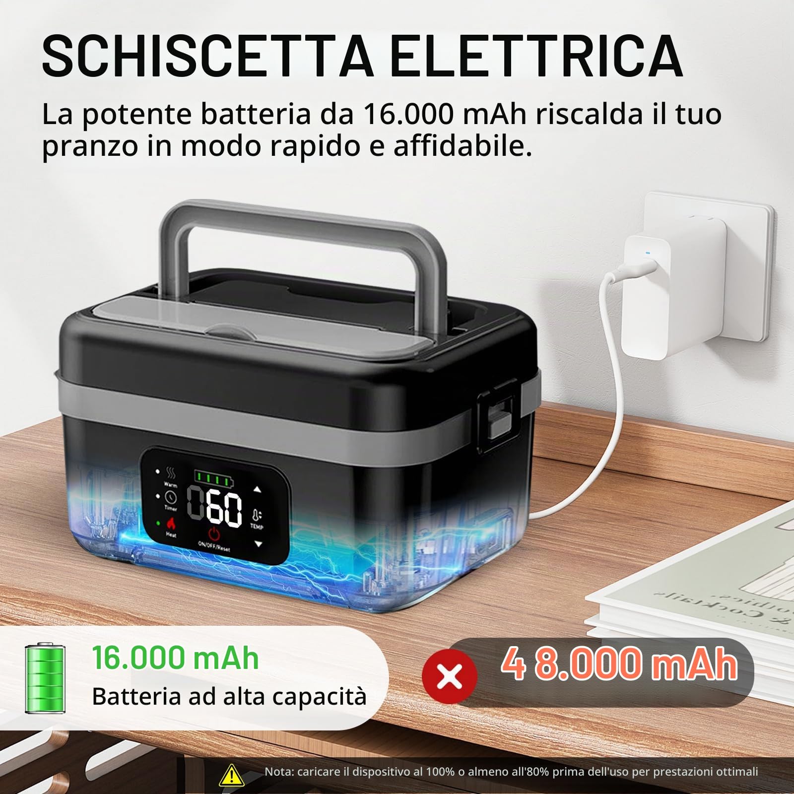 Lunch Box Elettrico Portatile, Scaldavivande Porta Pranzo Riscaldabile con Timer, Scatole Bento Prova di Perdite, Lunch Box Ricaricabile Autoriscaldante Senza Fili per Pasti Fuori Casa