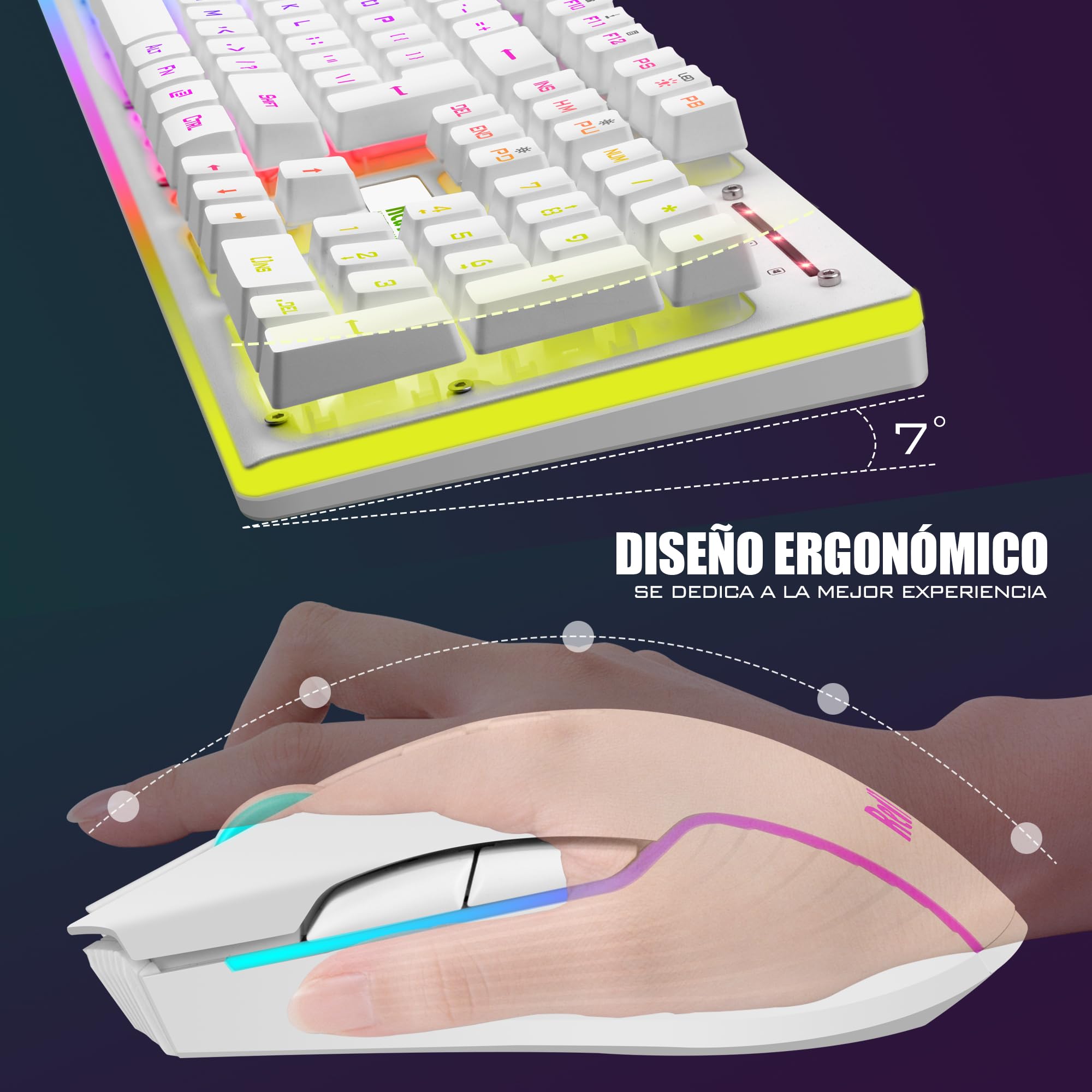 RedThunder K10 Kabellose Gaming-Tastatur, RGB-Hintergrundbeleuchtung, wiederaufladbarer Akku mit 3800 mAh, Anti-Ghosting + 7D-Maus, 3200 DPI, ES-Layout, für PC/PS5/Xbox-Weiß