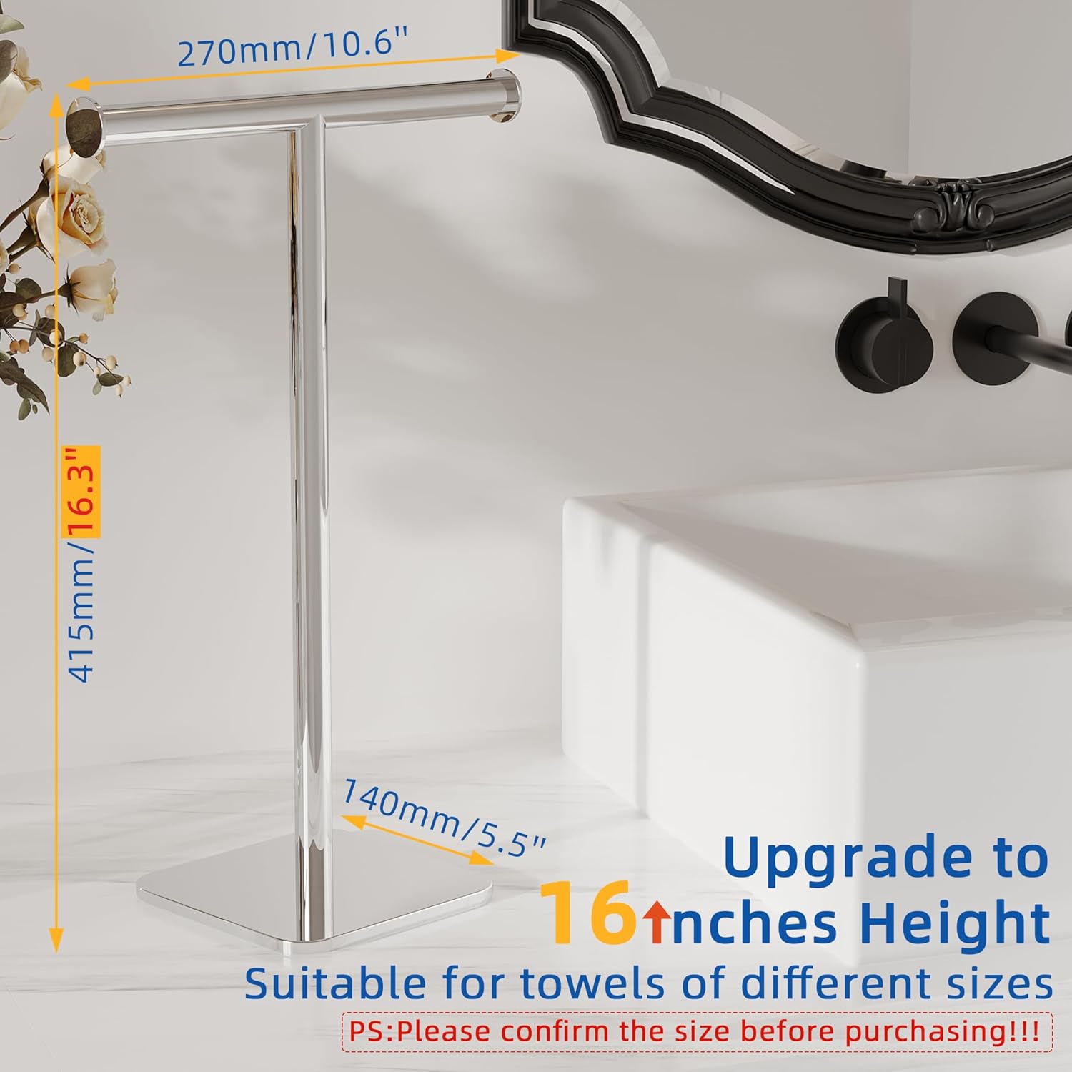 RUACQ Hand Towel Stand, 16" T-Shape Hand Towel Holder Stand for Bathroom, Kitchen and Countertop Towel Holder 304 Stainless Steel Hand Towel Rack with Weighted Base (Chrome)