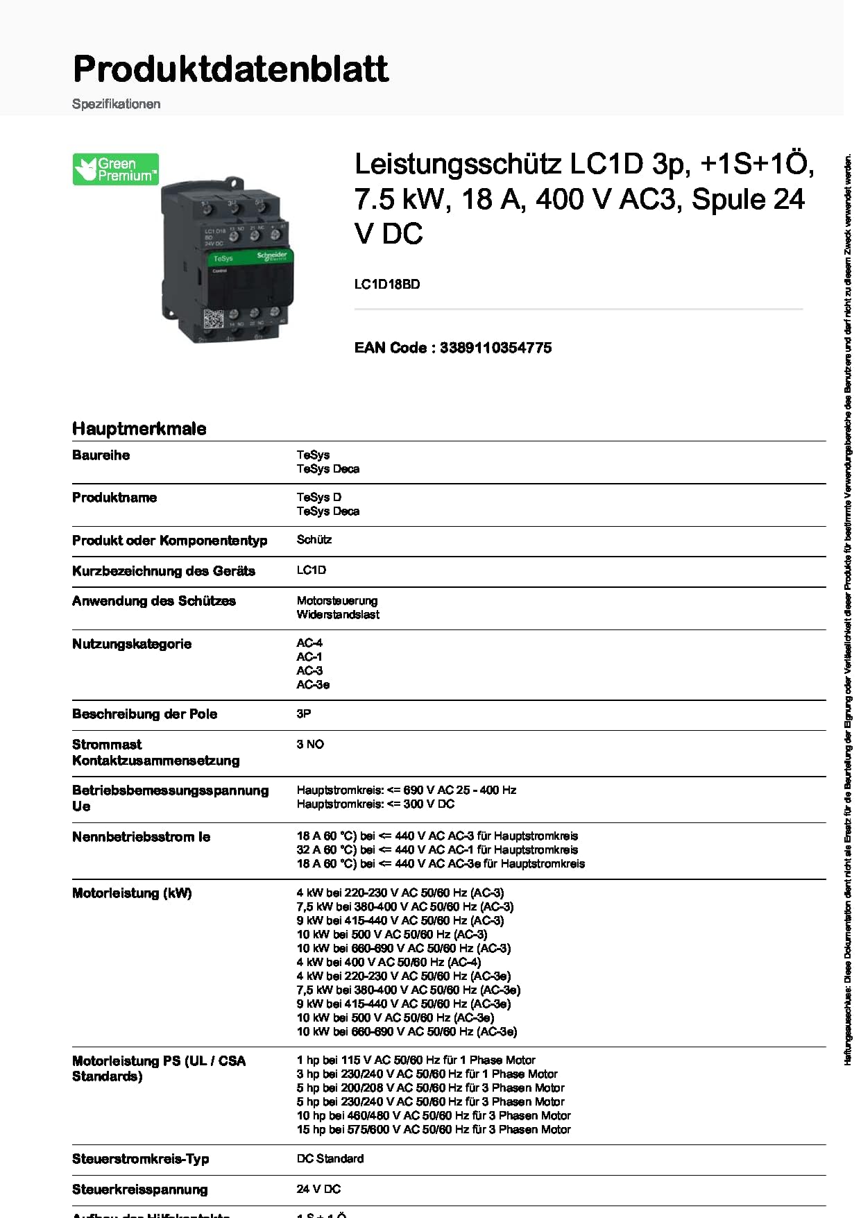 Schneider Electric LC1D18BD TeSys D, Contactor, 3P AC-3, <=440 V 18 A, bobina 24 VCD, Antip