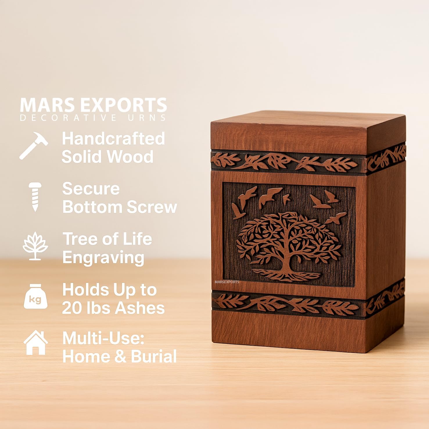 Wooden Cremation Urns Box for Human Ashes, Memorial Keepsake Boxes for Adults, Male/Female,Child, Pets Dog Cat Wood Burial Funeral Container (Peace Birds) Urn, Capacity (Small)