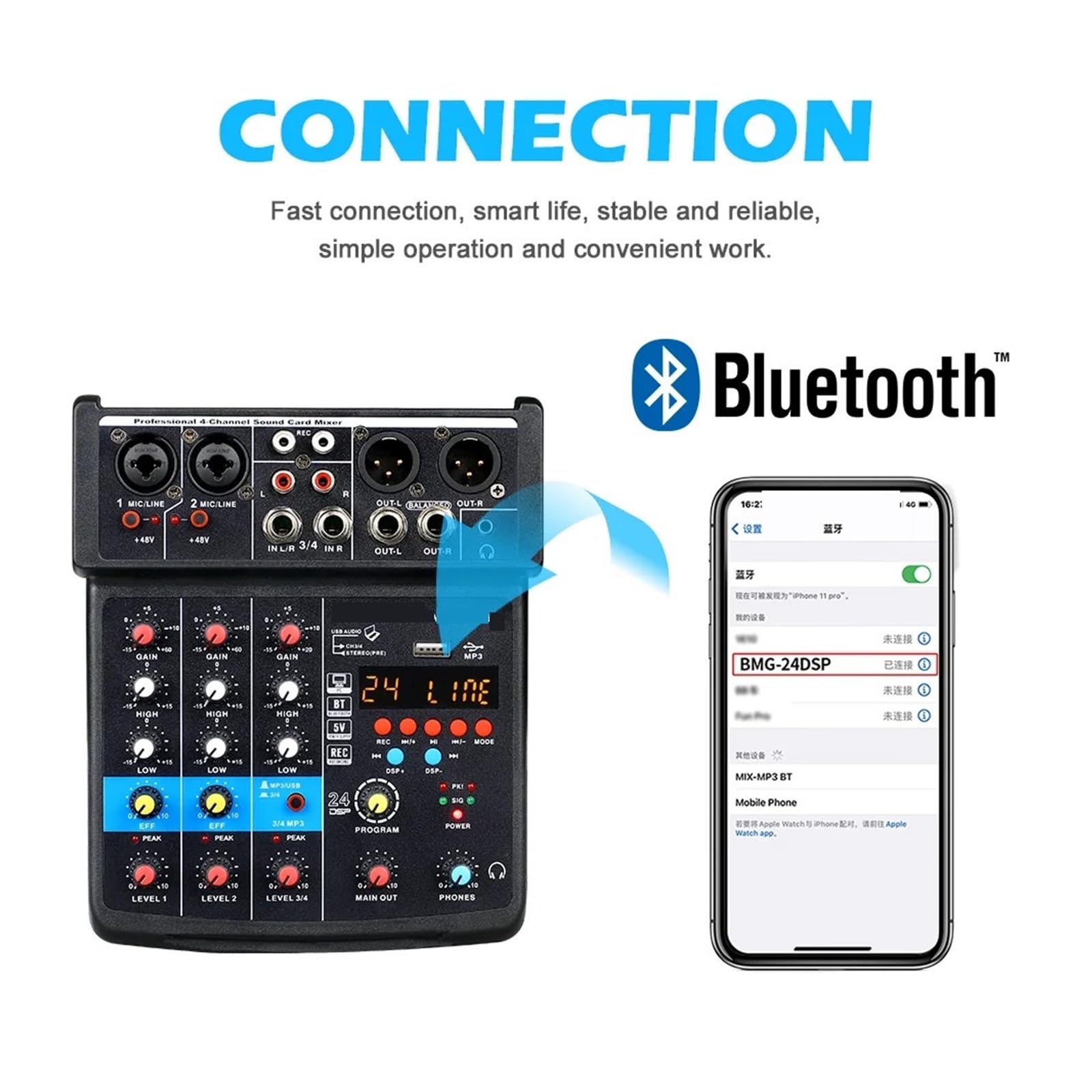Mixer Audio Console Di Interfaccia Scheda Audio USB A 4 Canali 24 Con Registrazione Con Alimentazione Phantom Bluetooth 48V Su PC(Black)