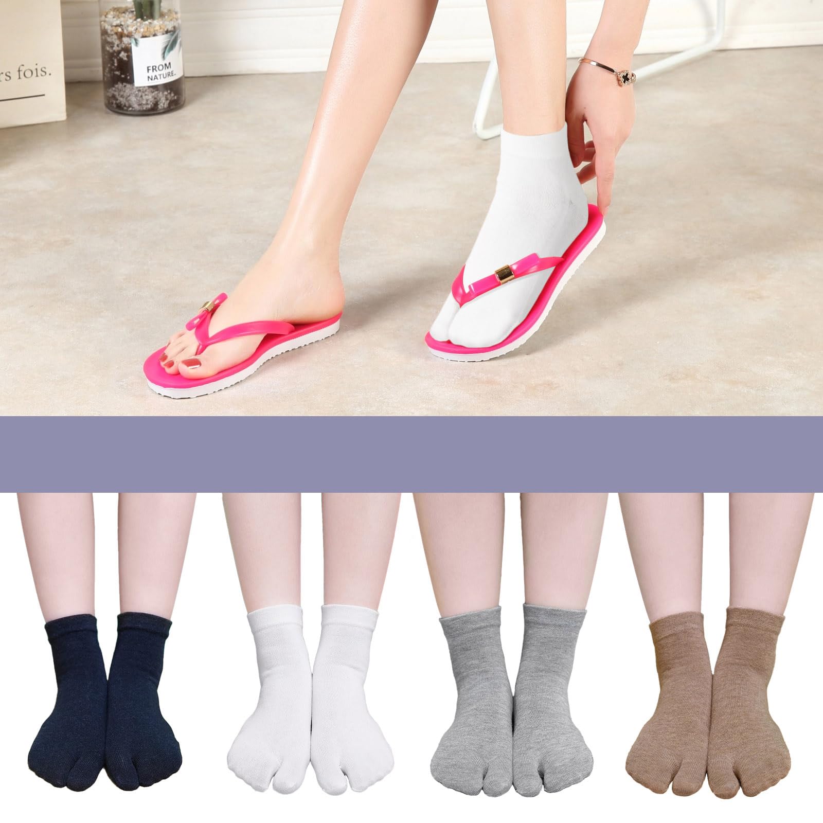 Calcetines Tabi Dedos Mujer: Divertidos Flip Flop Calcetines De Dos Dedos Algodón Casual Pulgar Separado para Geta Kimono Chanclas Estilo Japonés Patrón De Sakura 4 Pares Talla 35-41