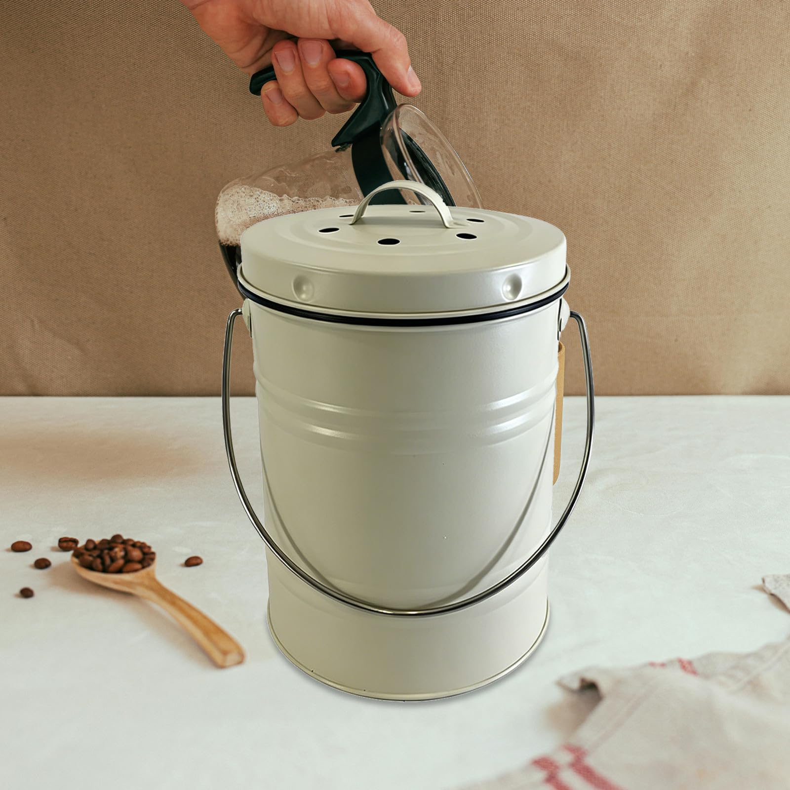 Seau à Compost de Comptoir en Fer avec Couvercle Hermétique Blanc