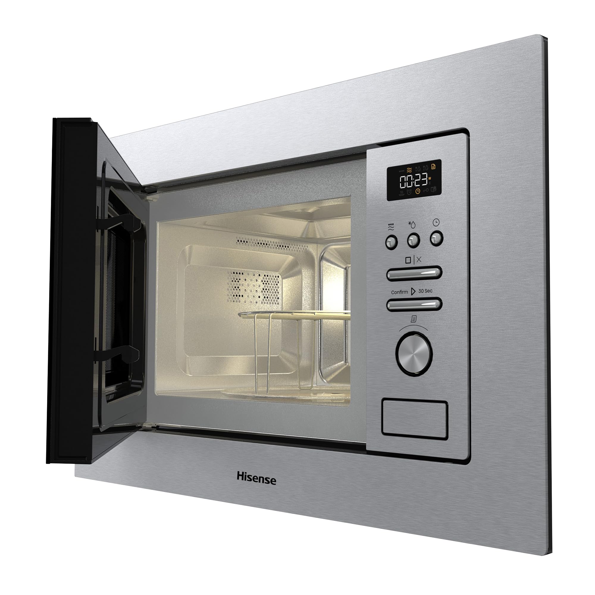 Hisense BIM320G41X - Microondas Integrable, 1000W, 20L, Alto 38.8cm x Ancho 59.5cm, Color Inox, 5 Niveles de Potencia, 15 Programas Preestablecidos, Grill Combo, Descongelar por Tiempo o Peso