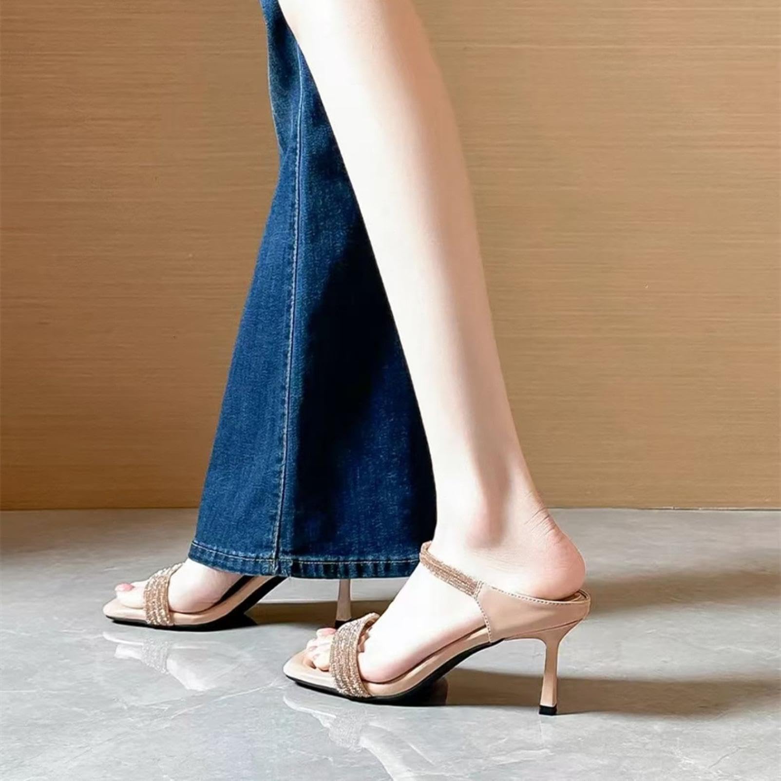 Generico Sabot da Donna A Punta Quadrata con Tacco A Spillo Sandali Alti | Sabot Tacco A Spillo Punta Quadra Doppio Cinturino Strass Sandali Slip On Eleganti Scarpe Aperte Party E Casual