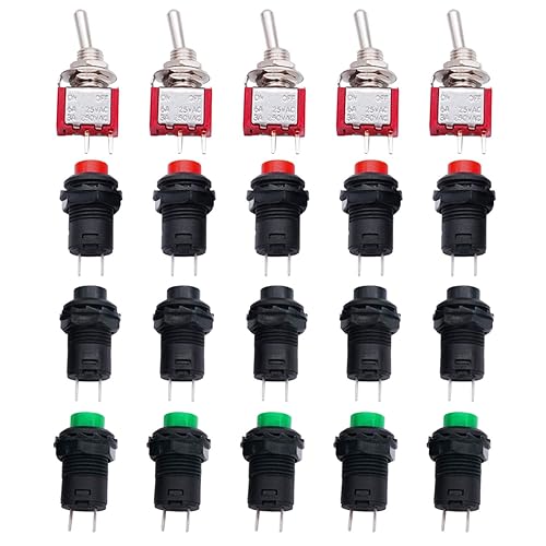 Twidec Cada 5 interruptores de botón de bloqueo automático SPST de 0.472 in 3 colores + 5 piezas 2 posiciones 2 pines ON-Off SPST Mini interruptor