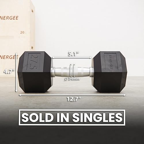 Miniatura 10 de Mancuernas hexagonales de caucho Synergee con mango cromado. Se venden individualmente pesas multiusos para entrenamiento de fuerza o para mejorar