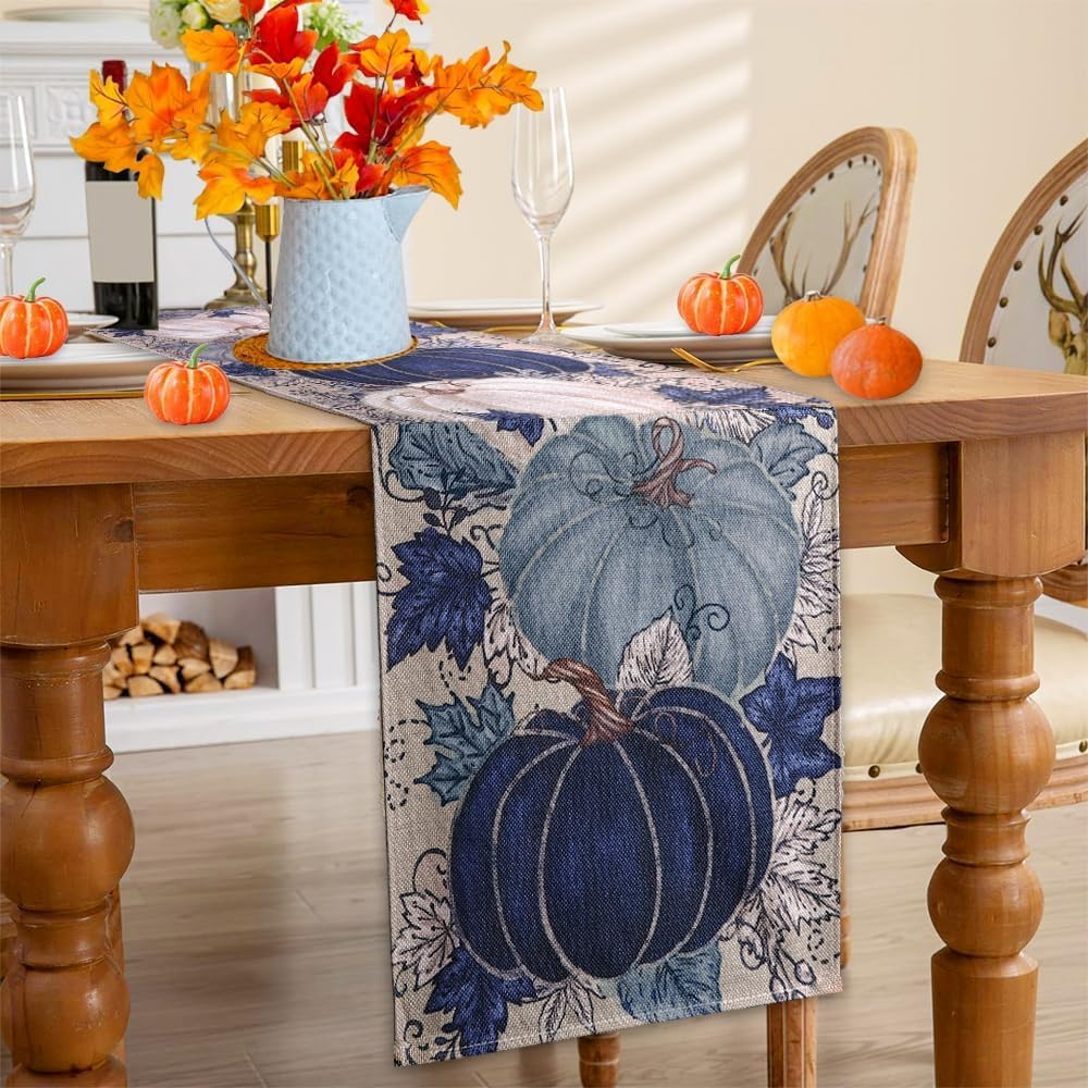 Fall Thanksgiving Table Runner, Blue Vintage Pumpkin Maple Leaf Decorative Autumn Harvest Seasonal Table Runner for Farmhouse Kitchen Dining Indoor Home Party Decorations 13x90 inches 13x90Inch image 3 of 7 B0DG8HHB2K
