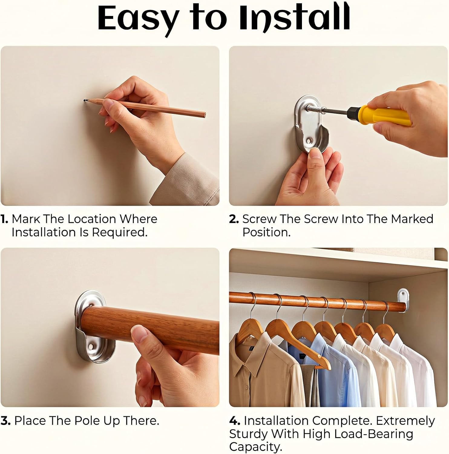 4Pcs Closet Rod Hanger, Stainless Steel Closet Rod Holders