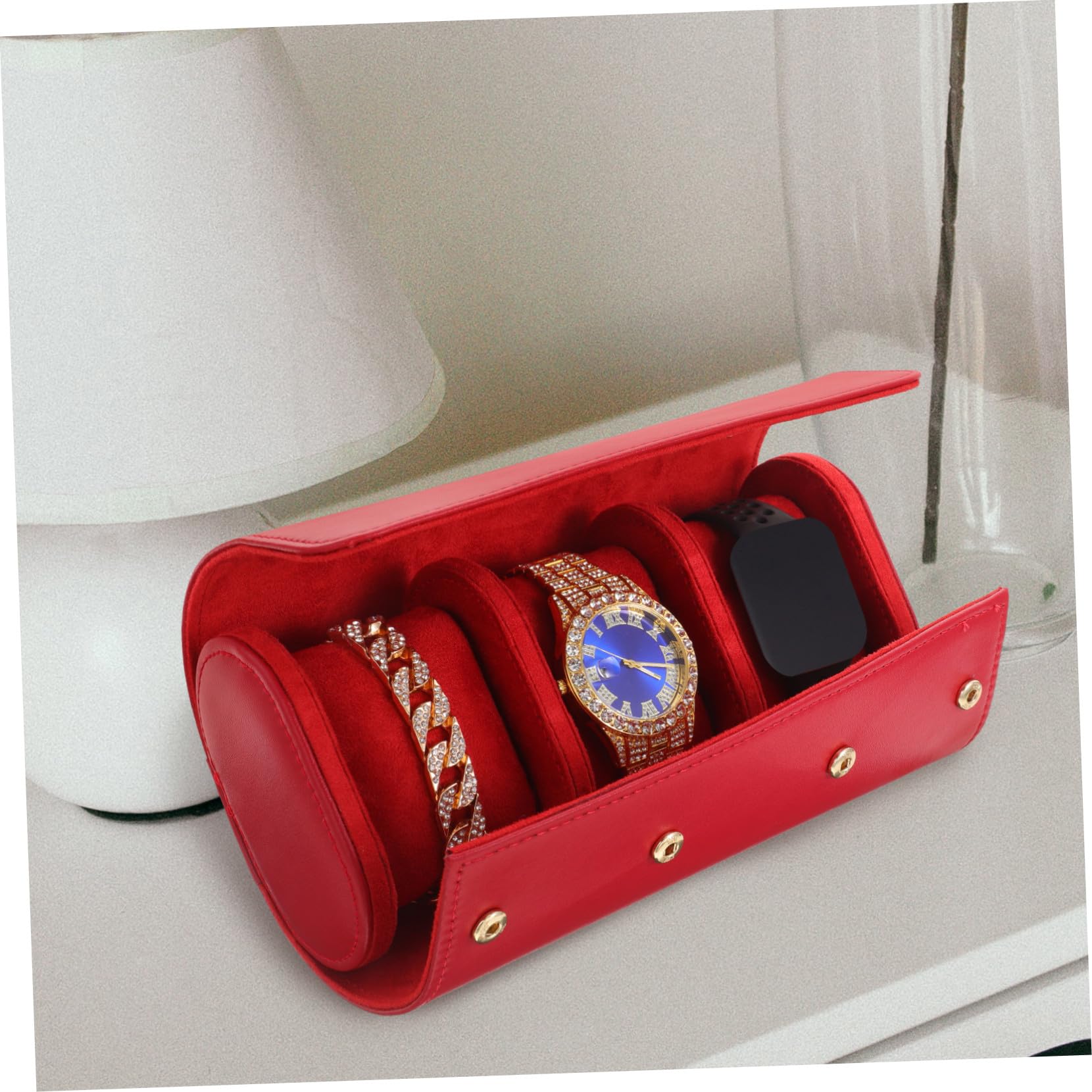 COLLBATH Estuche de Cuero Rojo Elegante y Fácil de Transportar para Reloj 3 Compartimentos Adecuado para Viajeros y Entusiastas de Relojes