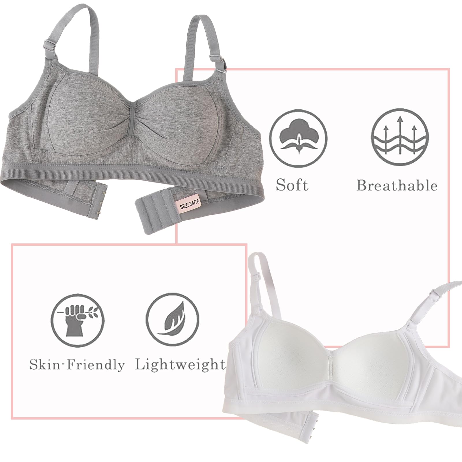 Sujetador Deportivo de algodón para niña Adolescente con Correa Ajustable Desmontable Bralette de Entrenamiento Paquete de 3
