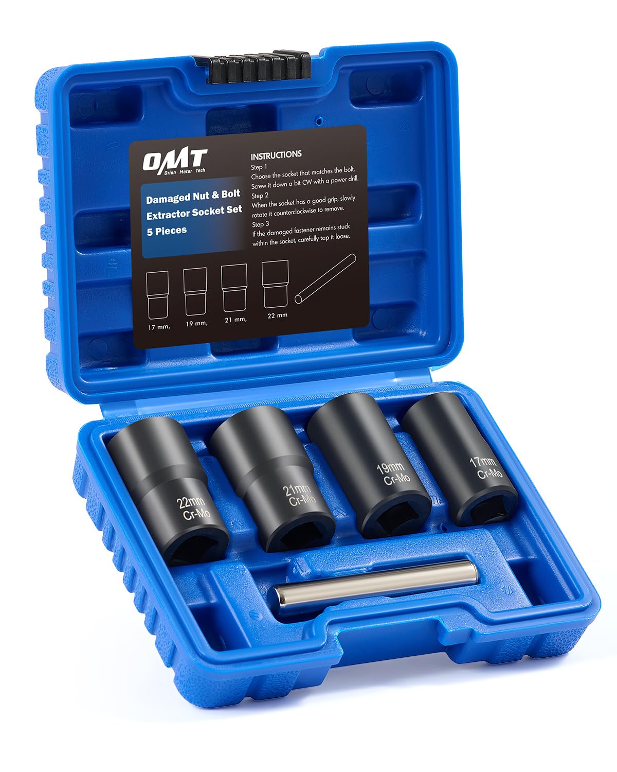 Orion Motor Tech 5pc Locking Wheel Nut Removal Tool Kit, 1/2" Drive Nut and Bolt Extractor Set, Rounded Bolt & Stripped Lug Nut Remover Tool Set