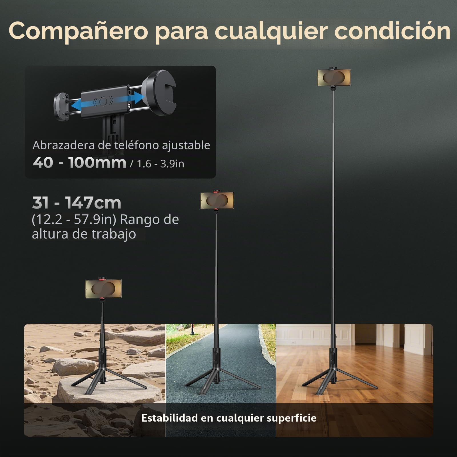 SmallRig Boom Selfie Stick ST30, 12.2-58 pulgadas de altura ajustable, soporte para teléfono con trípode, color negro
