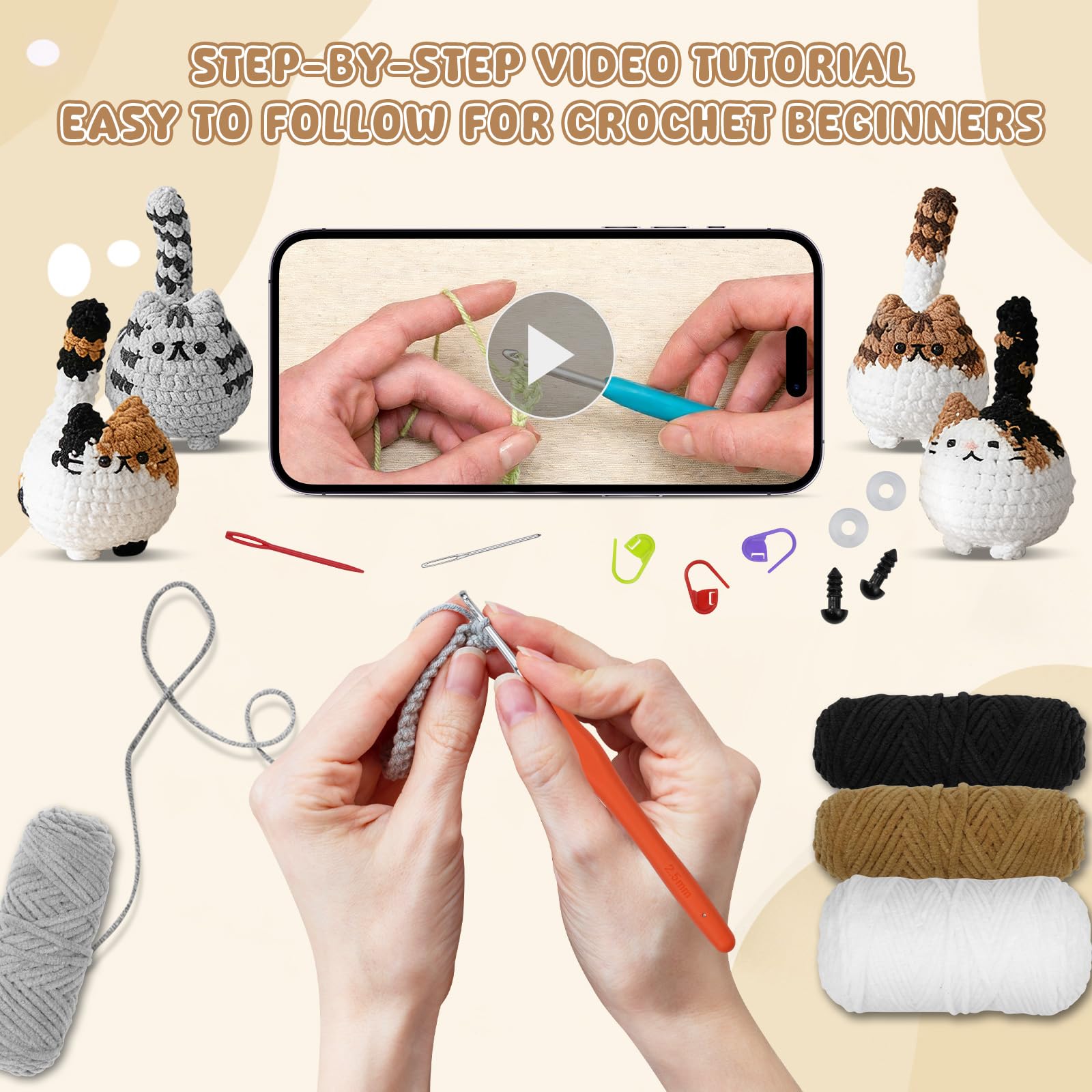 Ortviai Kit Uncinetto Principianti, Kit Adulti Imparare Uncinetto, Set Uncinetto Animali con Filato e Accessori, Guida Passo Dopo Passo, 5 Gattini Fatti a Mano