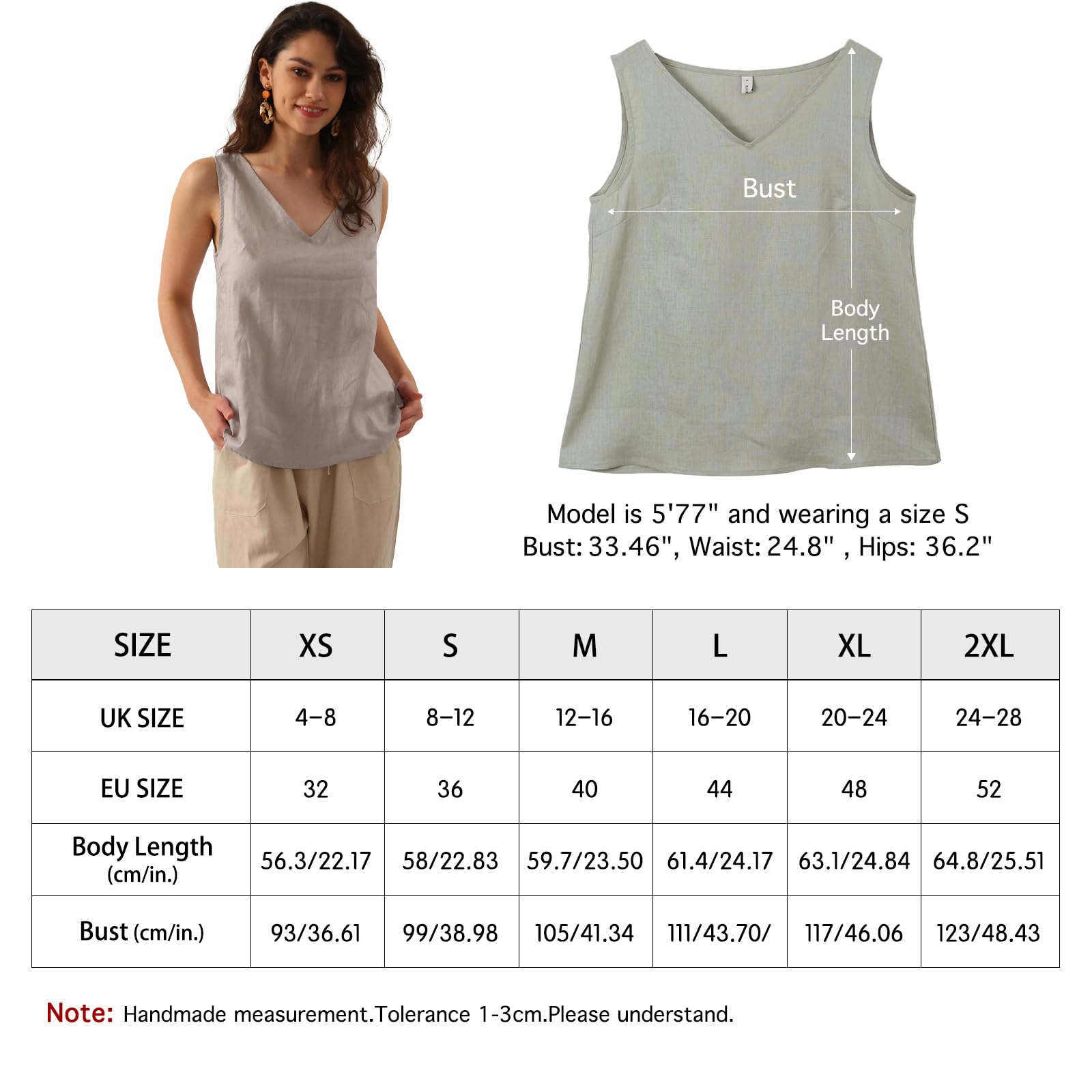 Amazhiyu Camicetta da donna in lino, senza maniche, estiva, basica, casual, con scollo a V