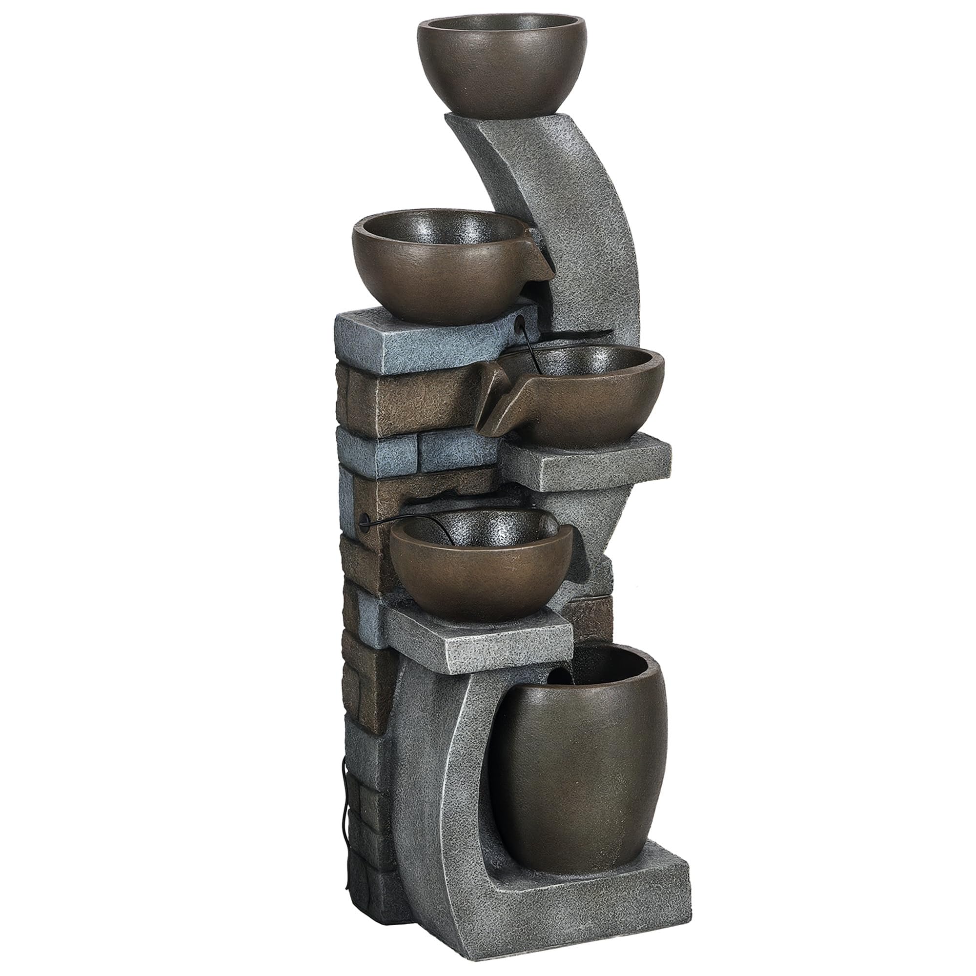 Outsunny Fontaine d'eau extérieure 5 Niveaux, Fontaine de Jardin avec lumières LED, Panneau Solaire 3,7 KW, Pompe, débit de 450L/h, en résine, Gris et Marron