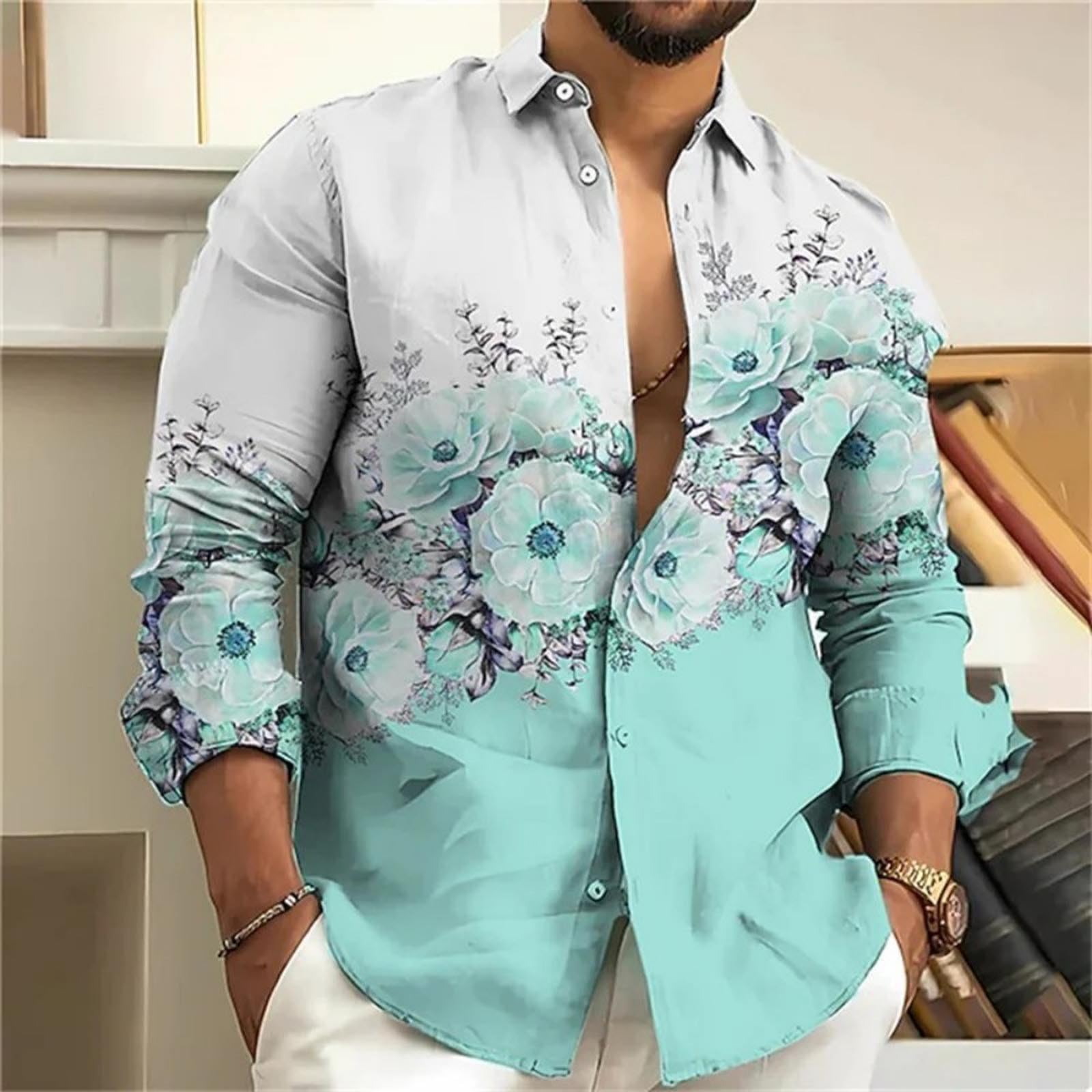 Camisa de manga larga para hombre, cuello alto, estampado de flores, camiseta de manga larga, corte holgado, estilo hawaiano, camisa de playa, camisa de leñador medieval, ligera y ventilada, camisa de