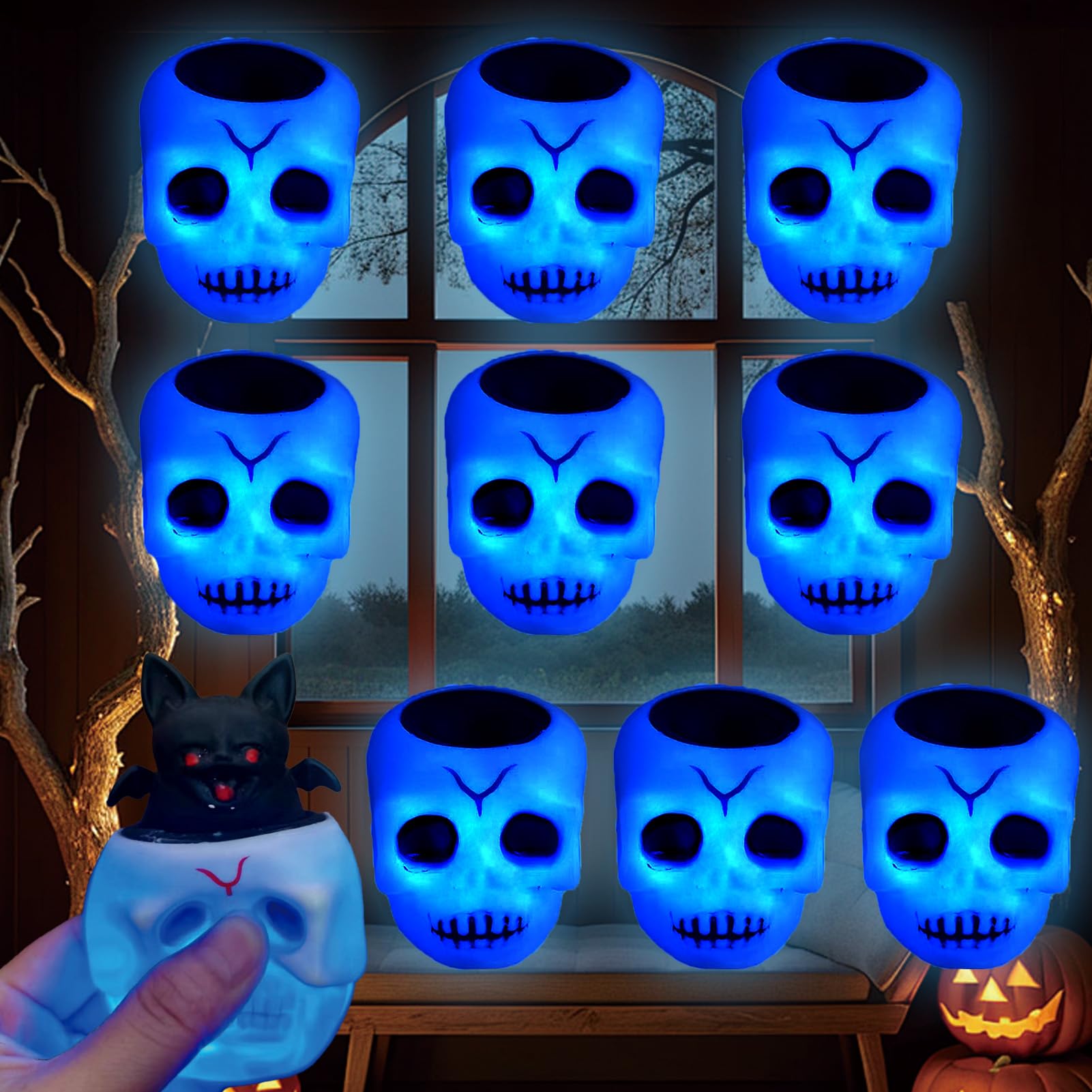 Shinybox Juguetes Luminosos de Halloween, 9 Piezas Juego de Bolas Antiestrés Luminosas, Huevos de Halloween Bola de Estrés, Juguetes Antiestres para Niños, Halloween Regalo de Juguetes