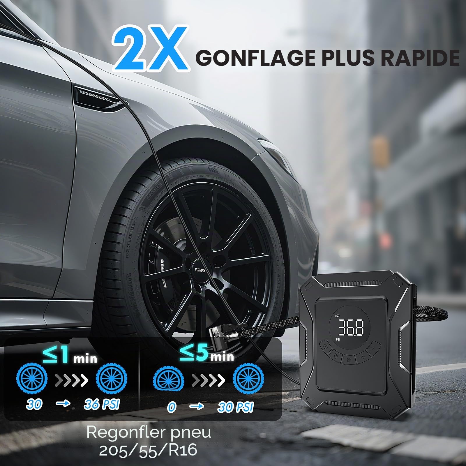 Compresseur Voiture 12V avec Écran LCD, Gonfleur Portable à Arrêt Automatique & Pression Préréglée, Pompe à Air Rapide pour Pneus de Voiture, SUV, Moto, Vélo et Ballons – Accessoire Auto