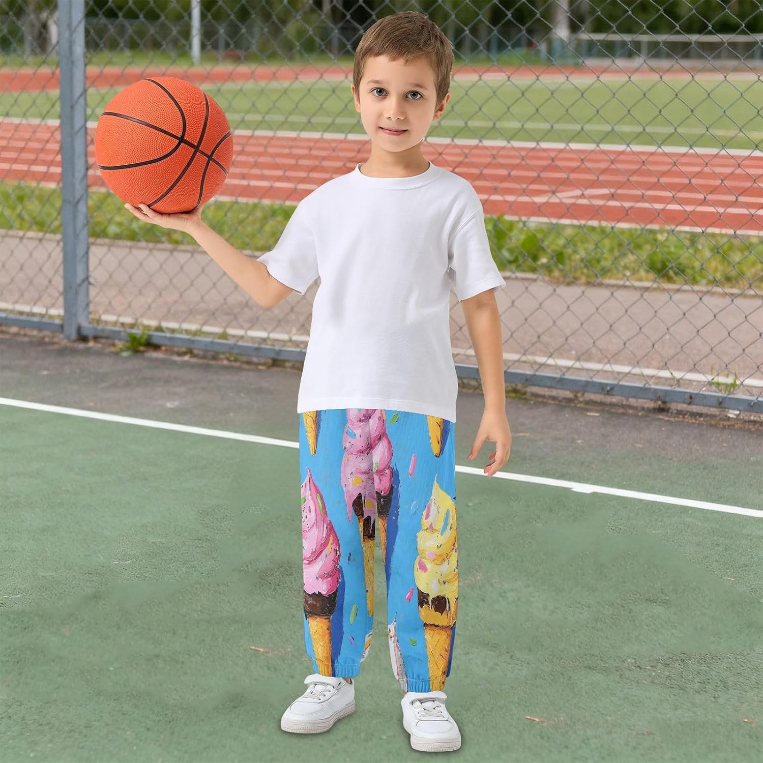 Boy Sweatpants Ice Cream Blue Joggers Casual Athletic Pants Kids Elastic Waist Cuffed with Pockets