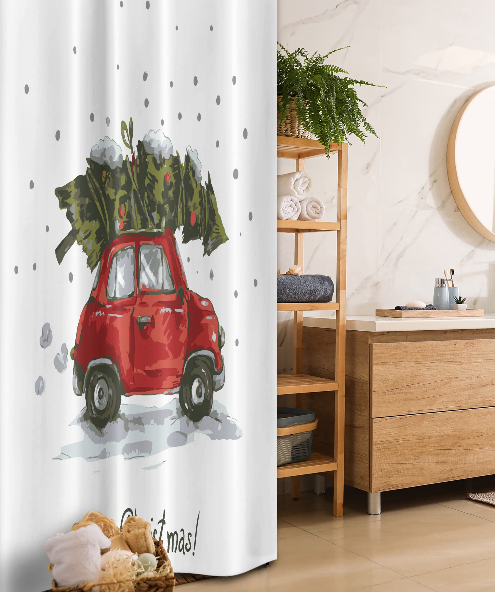 Ambesonne Christmas Stall Shower Curtain, Retro Style Car Xmas Tree Vintage Family Style Illustration Snowy Winter Art, Fabric Bathroom Decor Set with