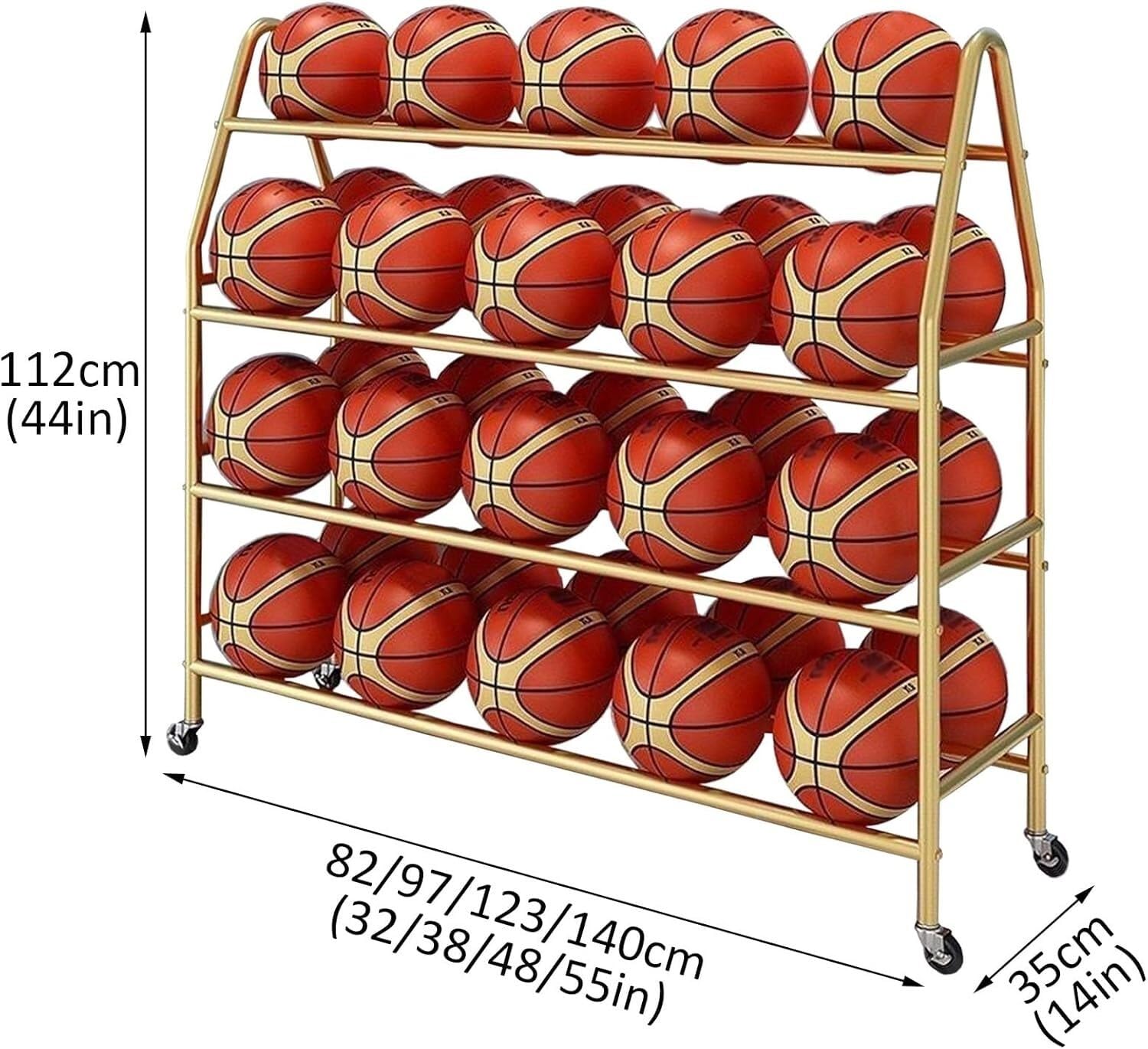 HeavyDuty 4-poziomowy stojak na piłki sportowe, przechowywanie garażowe na 35 piłek do koszykówki, piłki nożnej, siatkówki i nie tylko, trwały 97 cm, organizer dla sportowców i trenerów