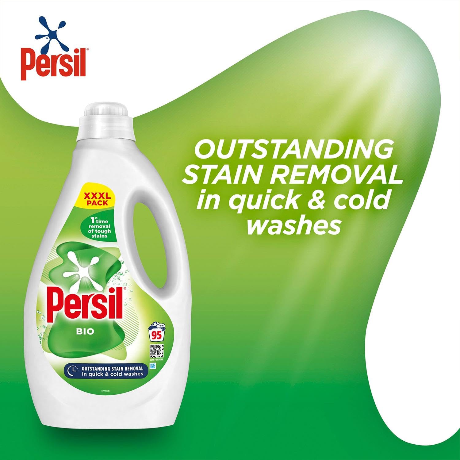 Persil XXXL Waschflüssiges Waschmittel, hervorragende Fleckenentfernung, schnelle und kalte Wäsche, stark zu Flecken, sanft zu empfindlicher Haut, 95 Waschgänge, 4er-Pack, 2,565 Liter (Bio)