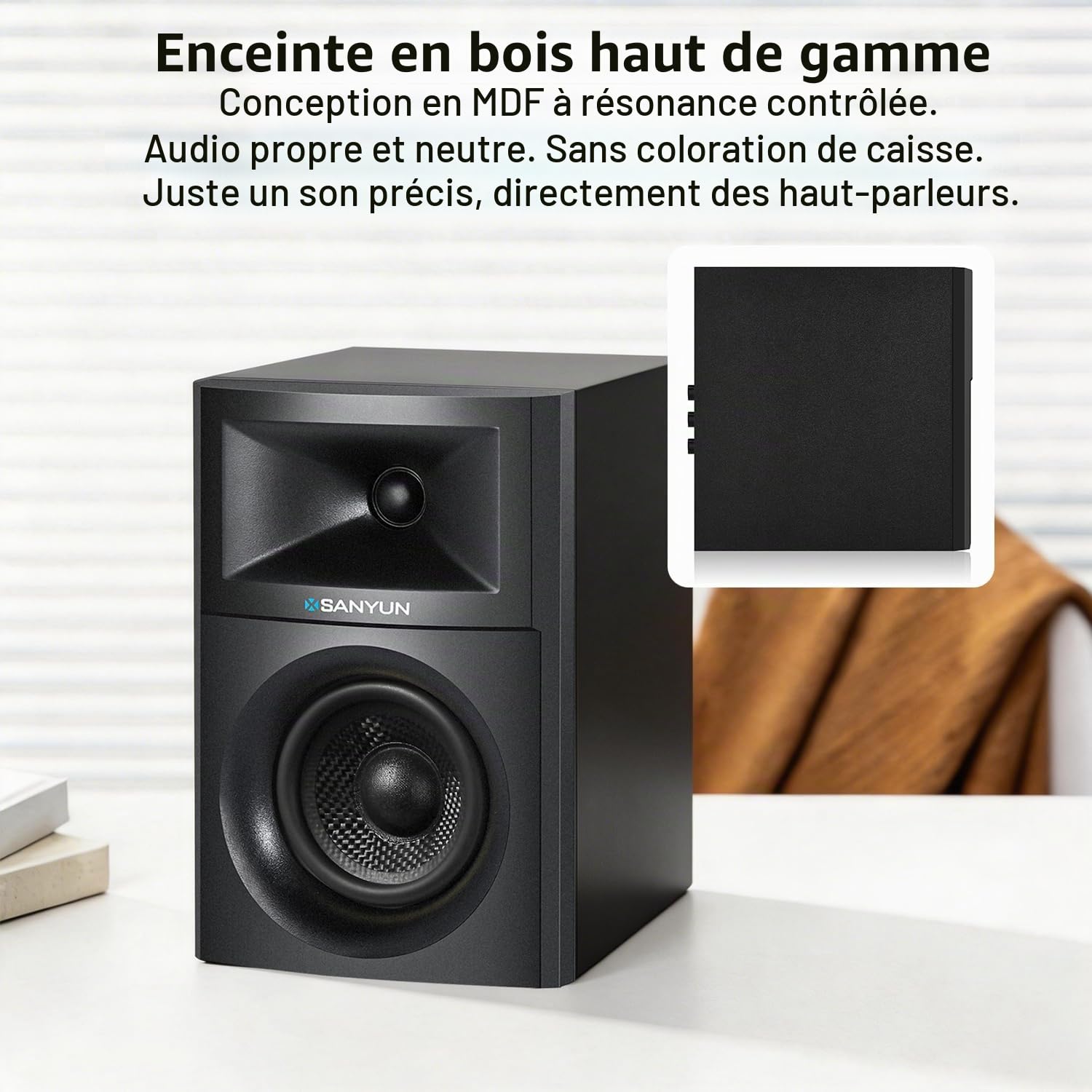 Sanyun SW203 Enceintes PC 2.0 3”, Champ Stéréo Élargi, Triple-DSP | DAC 24 bits, USB-C/Bluetooth 5.4/AUX, Woofer Fibre de Carbone 60W + Tweeter Dôme Soie, PC Bureau Gaming (Paire, Noir)