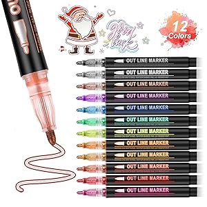 GenuisArt Double Line Outline Markers, Art Markers For Kids,Art Supplies Crafts Gifts for 4-12 Year Old Girl,Metallic Glitter Pens Set for Gift Cards,Rock Painting,Coloring Book (Black Box, 12)