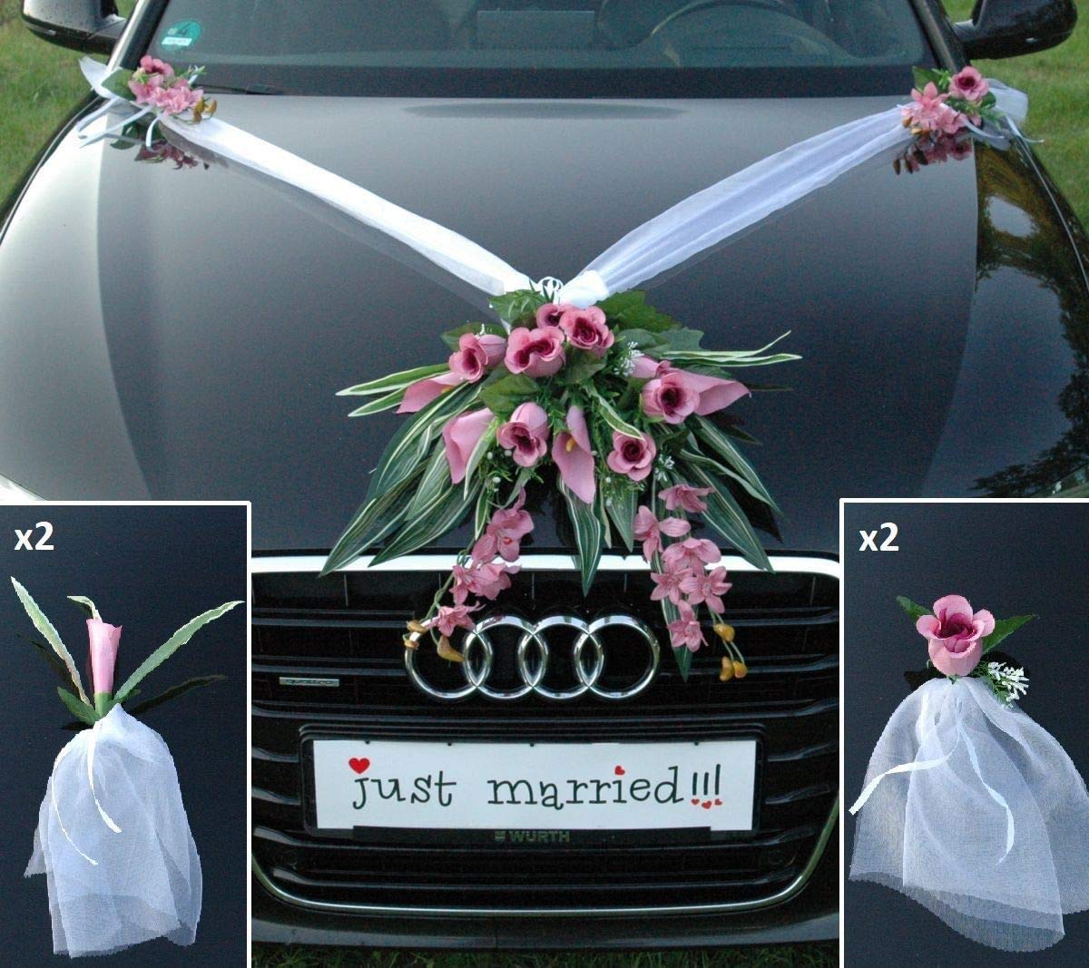 Autoschmuck – Décorations de voiture de mariage – Réalisées à partir de roses et de dentelle