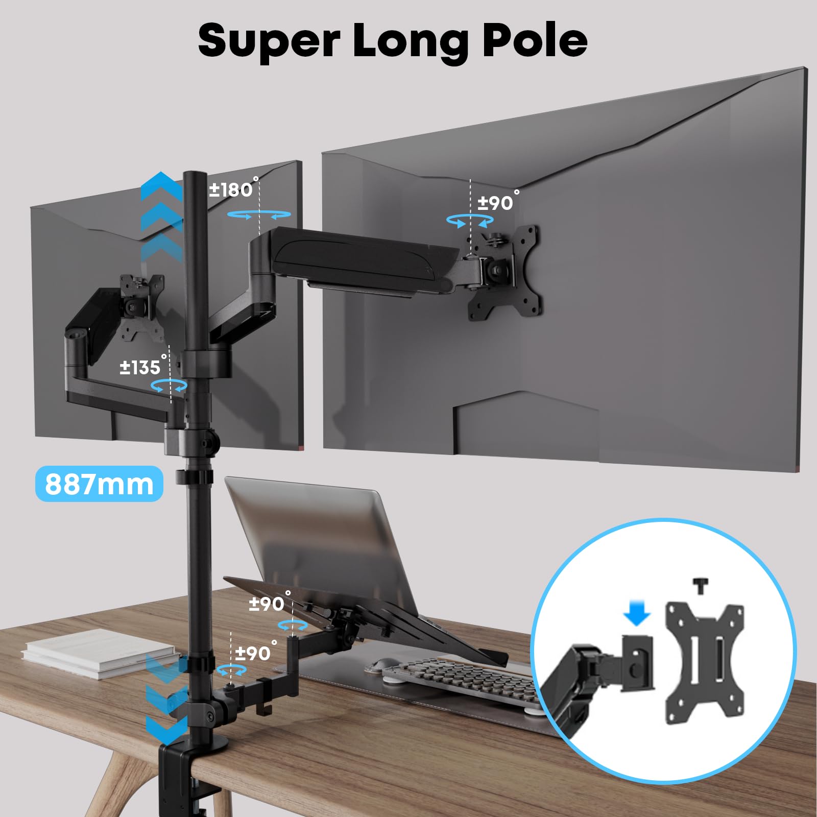 PUTORSEN Monitor Halterung 2 Monitore mit Laptop Arm für 17-32 Zoll Bildschirm bis zu 17“ Notebook, Neigbare Drehbare Monitor Laptop Halterung Schreibtisch mit Klammer, VESA 75x75/100x100mm