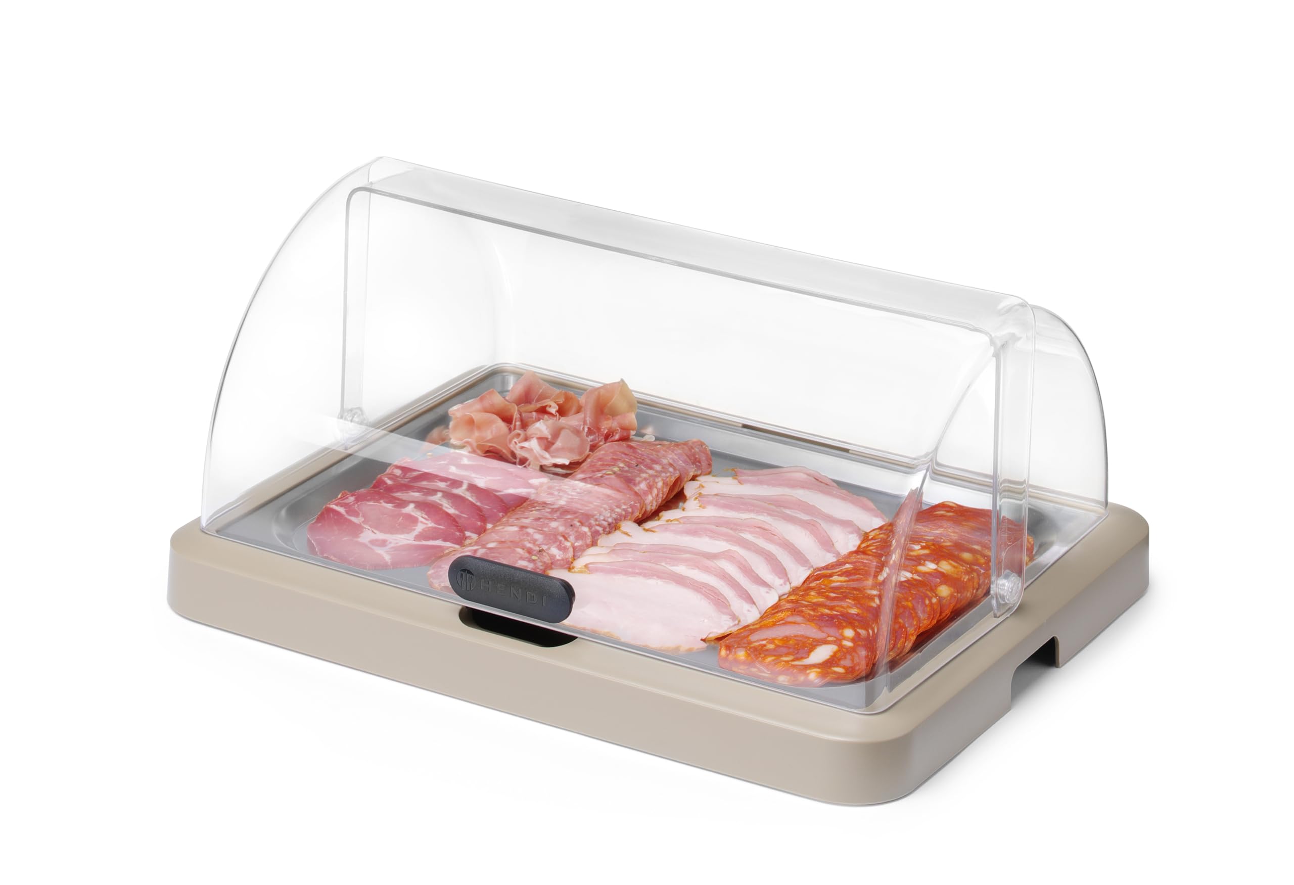 HENDI Espositore buffet refrigerante UNIQ 1 ripiano, Beige | Base e coperchio scorrevole roll-top in ABS, vassoio in acciaio inox, accumulatori di freddo, 460x355x(H)220mm