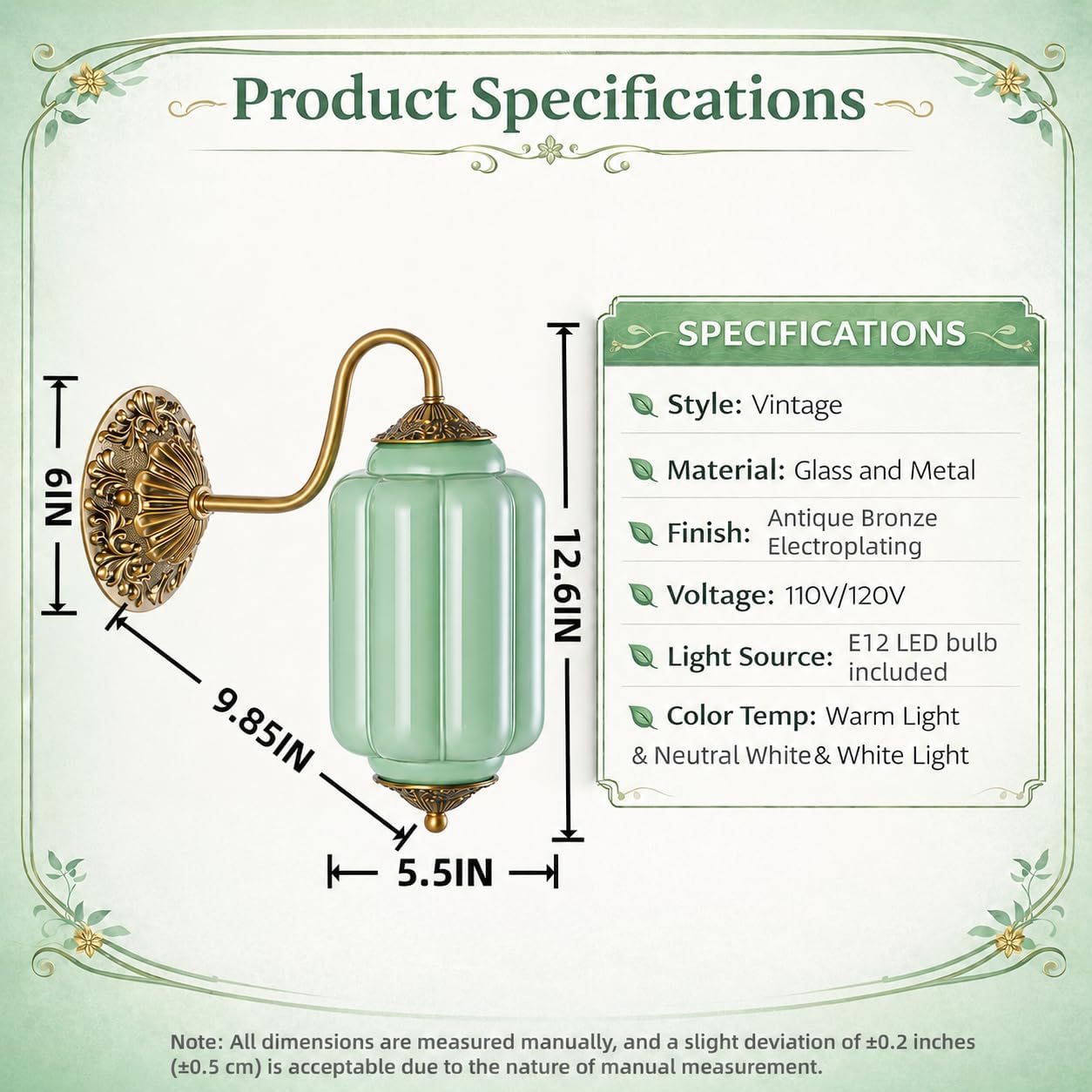 Vintage Green Milk Glass Wall Sconce, Antique Gold Brass Finish, E12 LED Bulb Included, Farmhouse Wall Lighting Fixture for Bathroom Vanity, Bedroom, Hallway, Entryway (Green)