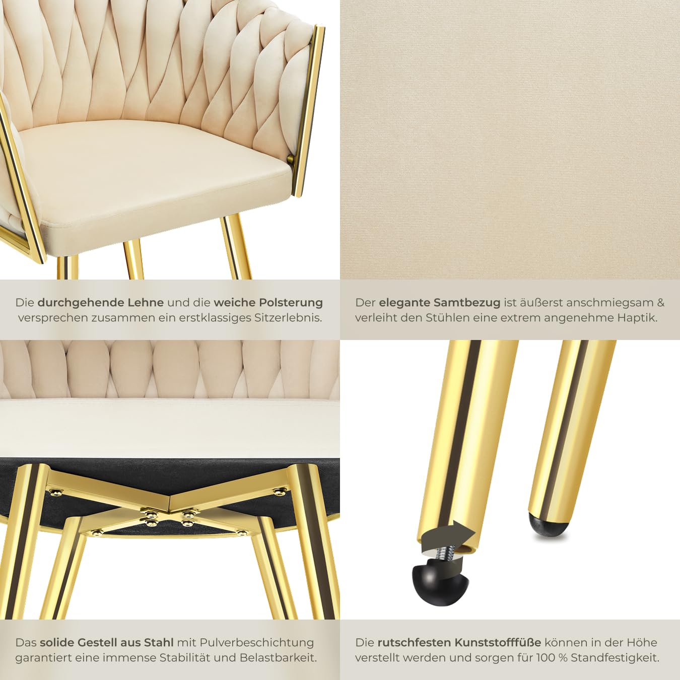 tectake® Samt Stuhl, Schalenstuhl mit Armlehne in Knoten Optik, Esszimmerstühle, Sessel modern für Wohnzimmer, Esszimmer, als Küchenstühle, für Schminktisch, Dining Chair Set - Sand/Gold, 2er Set