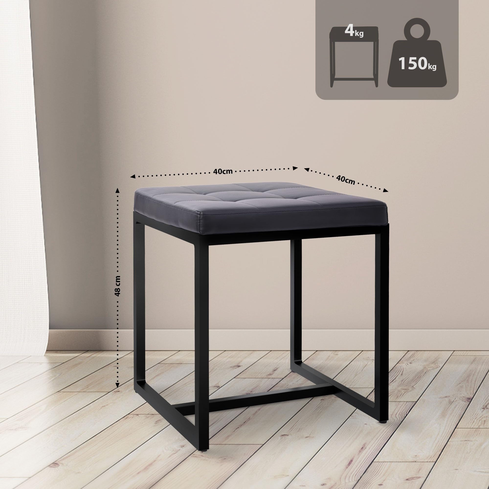 CLP Sgabello Barci I Sgabello moderno | Sgabello imbottito di alta qualità con struttura in ferro verniciato a polvere nero, Colore:nero, Materiale:Ecopelle
