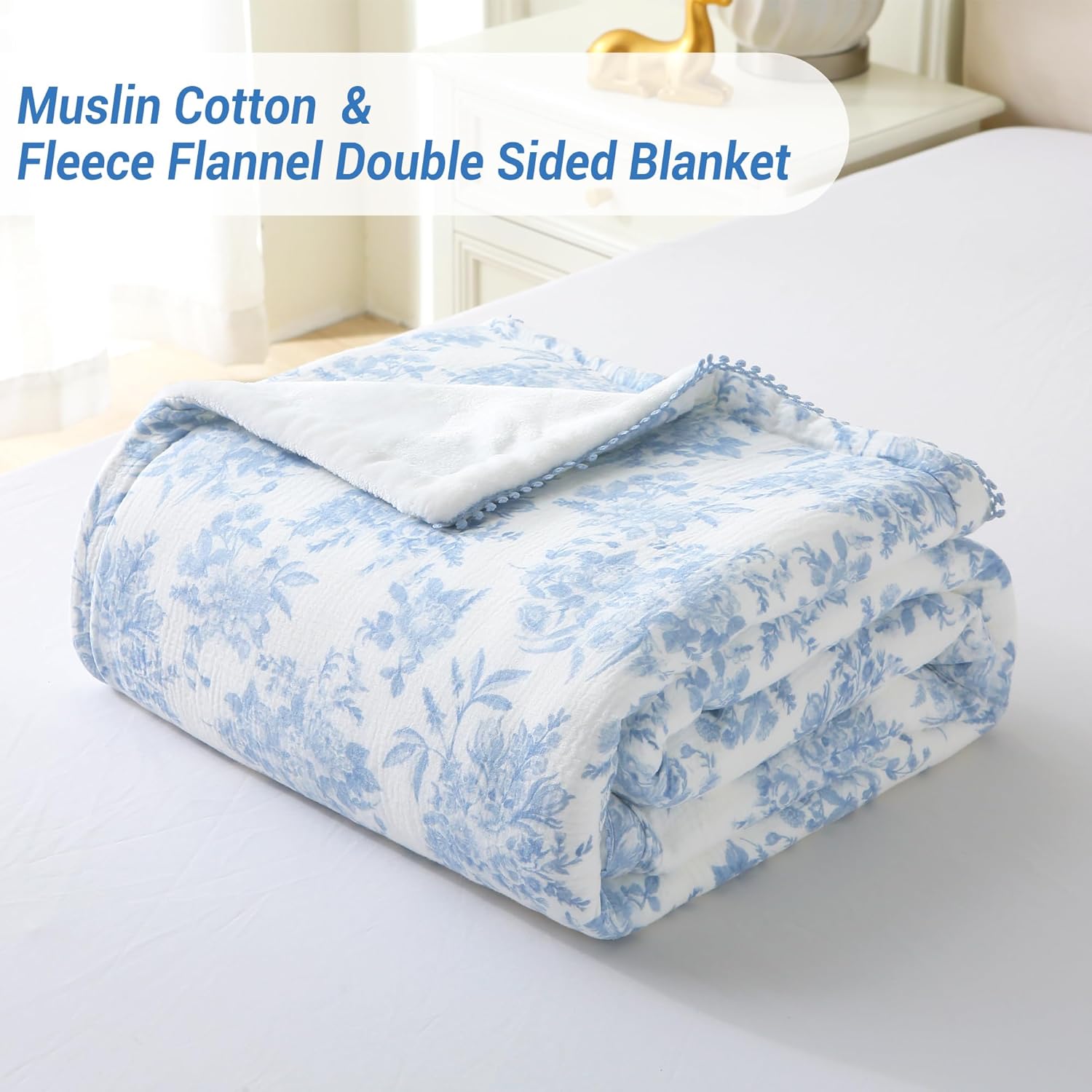 Viviland Fleece Throw Blanket Reversible Muslin Blankets, Soft Throw Blanket for Couch and Bed, Breathable Quilt Bedspread, Gauze Bedding for Adults, Large 50x70 inch, Blue Nerrah - Image 4